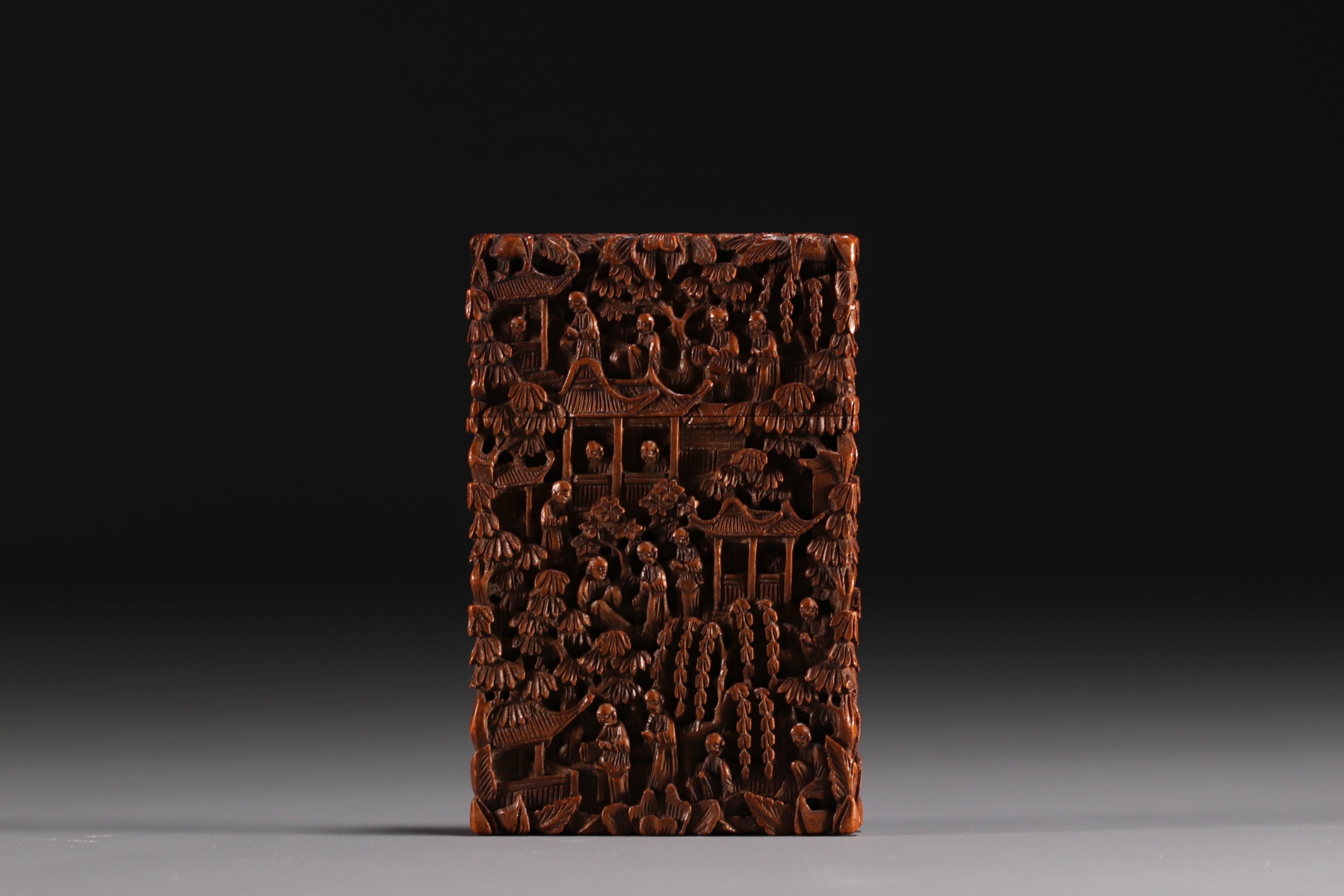 China - Wooden card box carved with characters, Canton, 19th century.