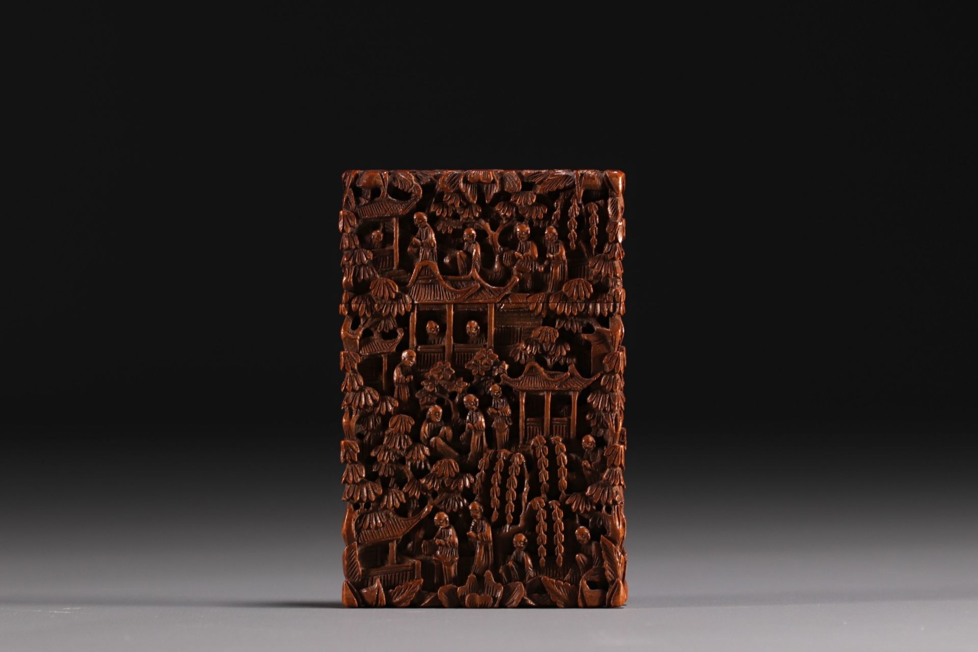 China - Wooden card box carved with characters, Canton, 19th century.