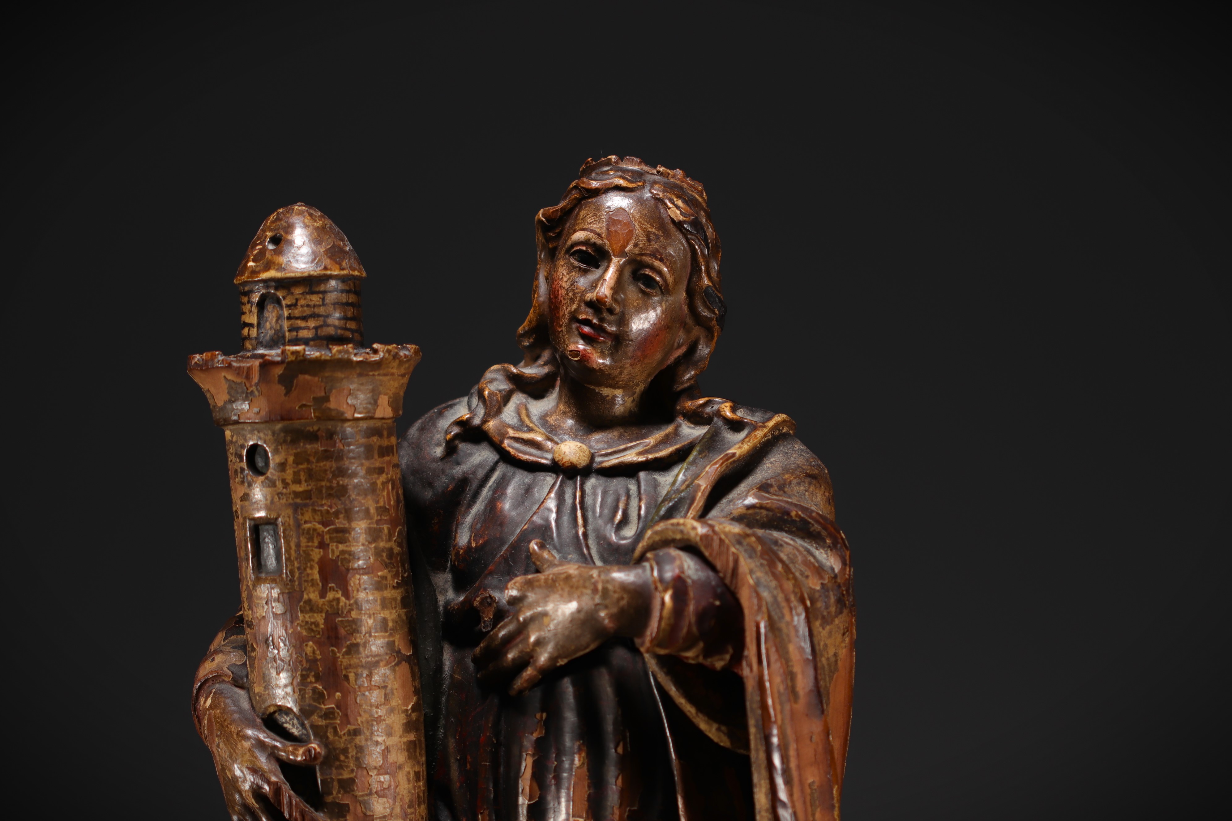 Statue de Sainte-Barbe - polychrome wooden sculpture from 18th century. - Image 3 of 4