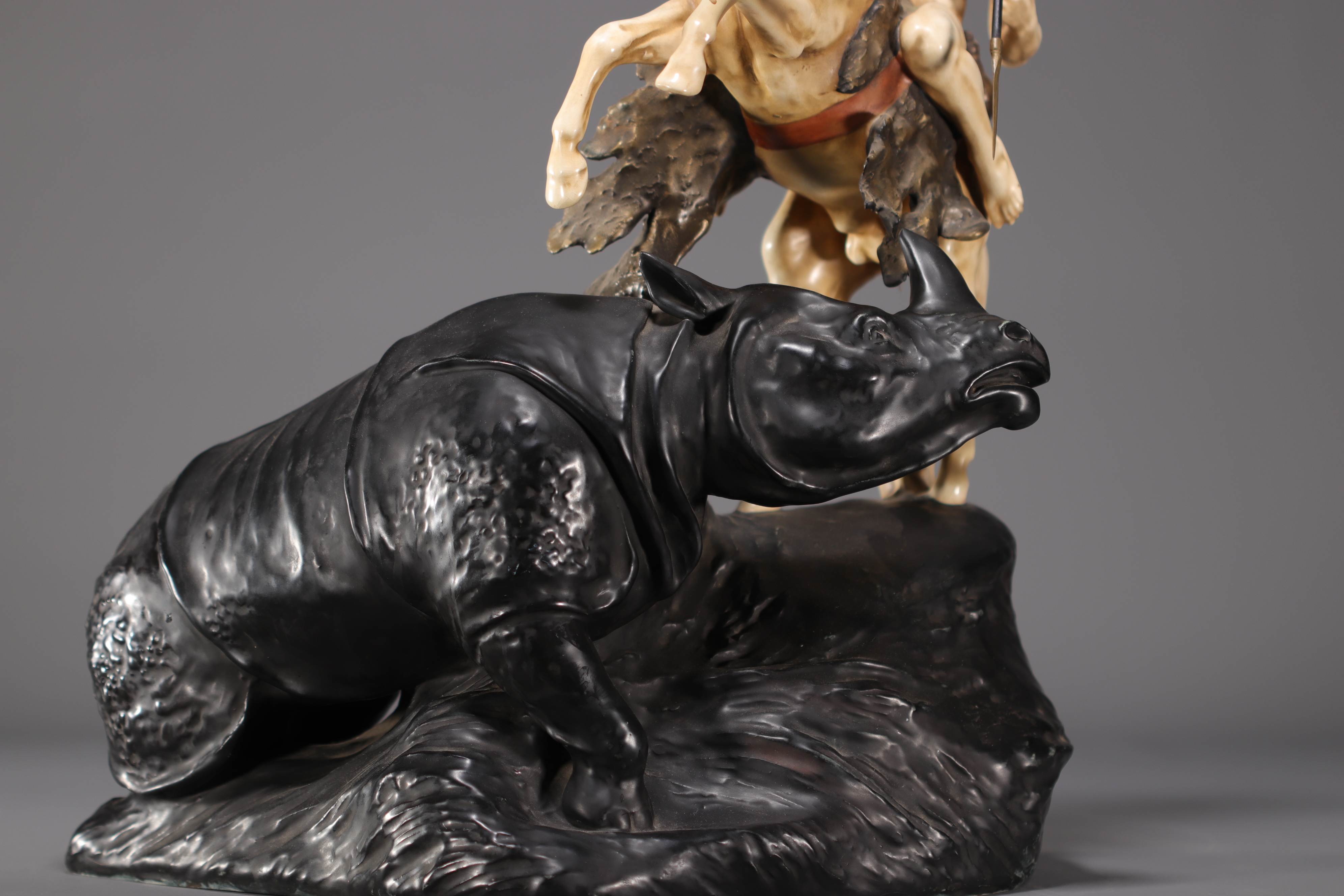 Eduard STELLMACHER (1868-1945) "Rhinoceros Hunt" Ceramic sculpture for the Teplitz factory - Image 6 of 7