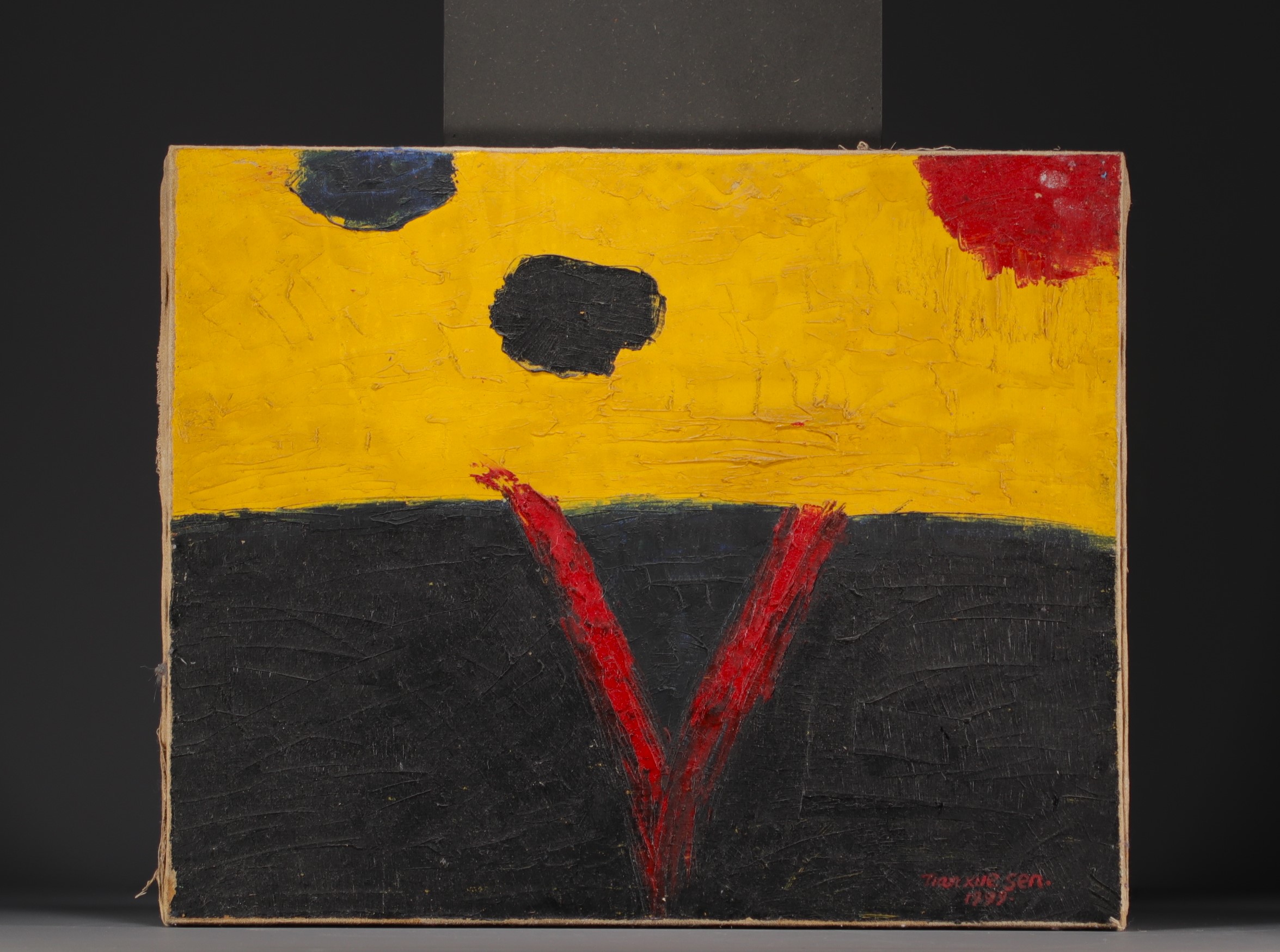 Xuesen TIAN (1975- ) "Abstract variation in black, yellow and red" Oil on canvas - Image 2 of 2