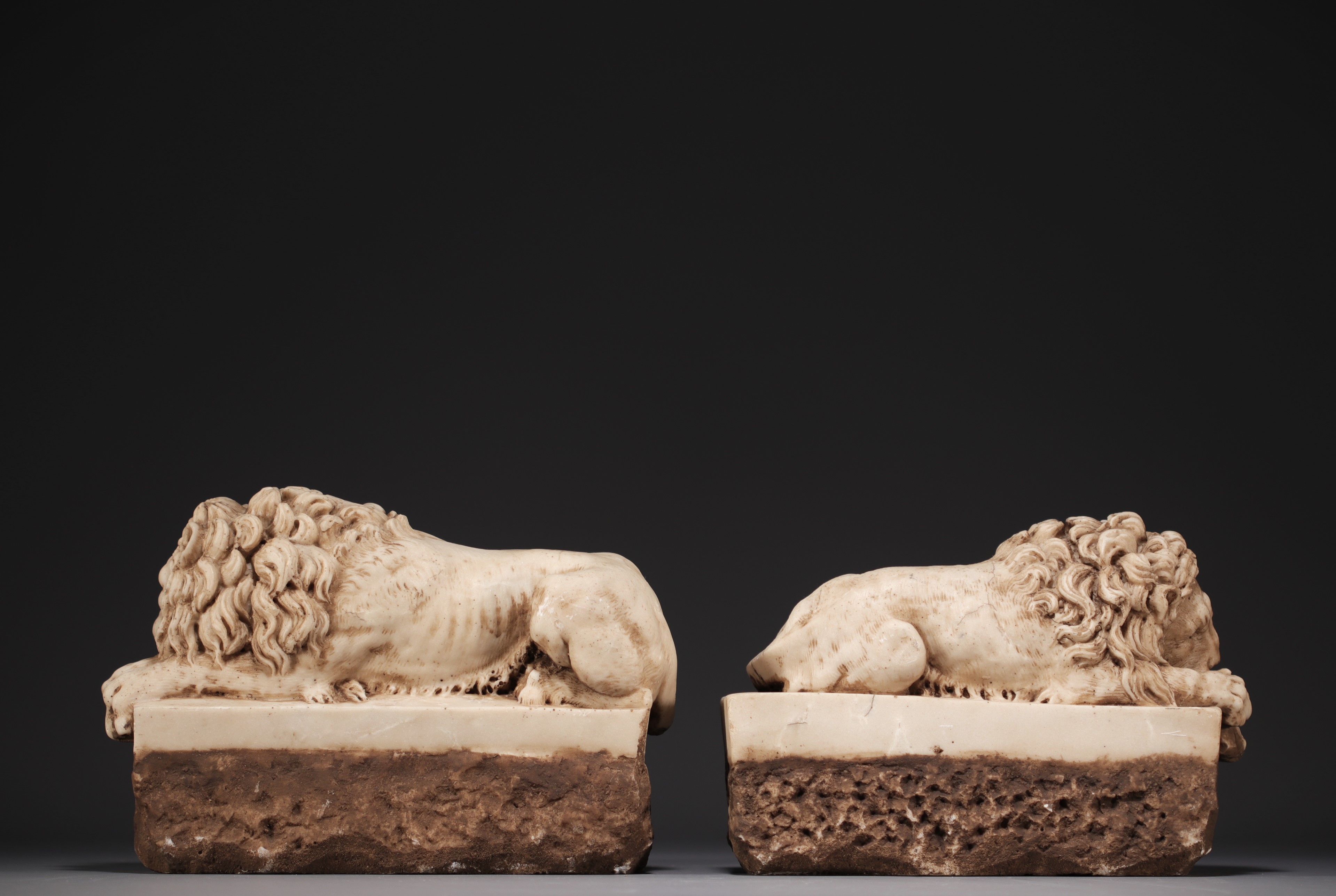 Pair of sculpted marble Lions, probably 18th century. - Image 2 of 4