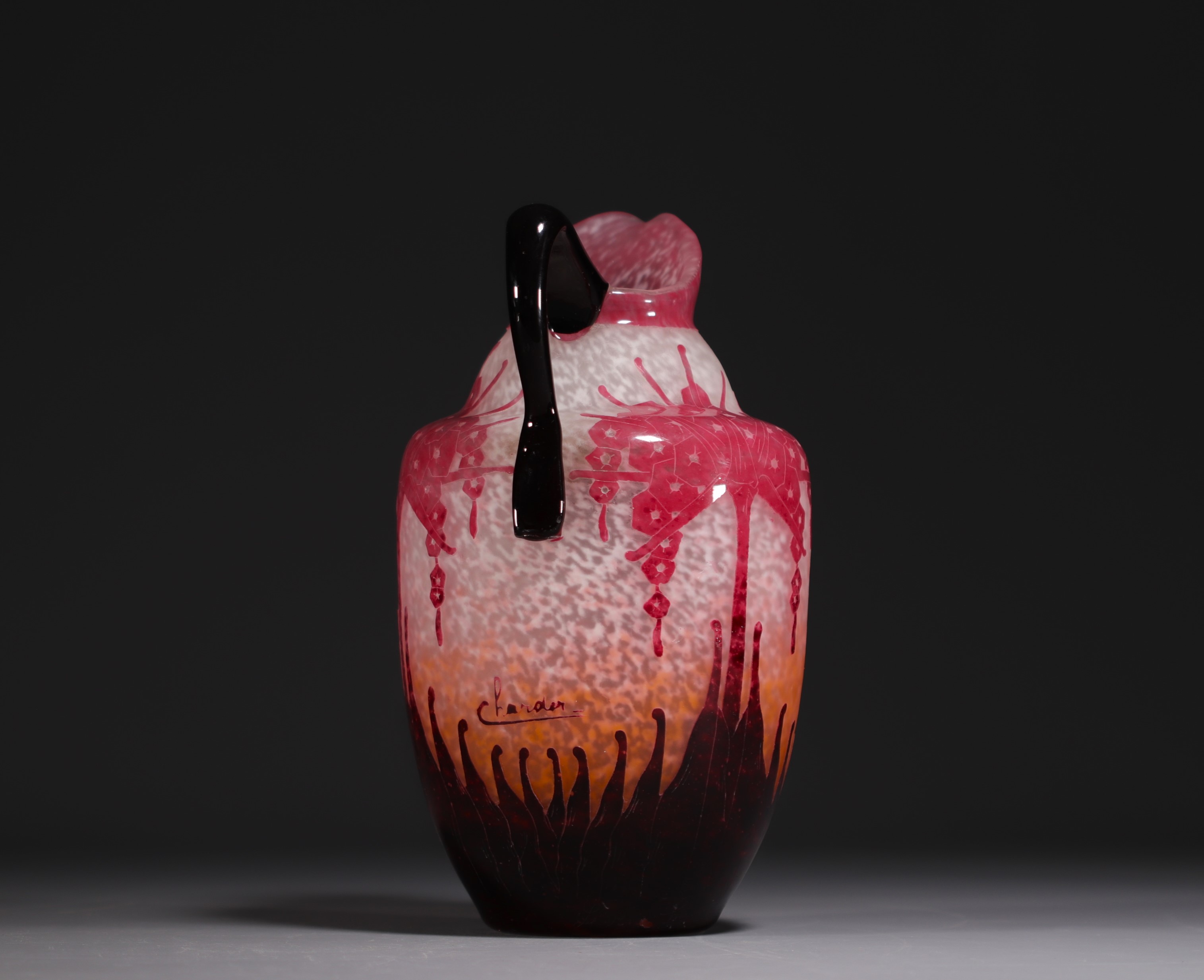 CHARDER - Multi-layered acid-etched glass jug decorated with rhododendrons, signed in the decoration - Image 2 of 4