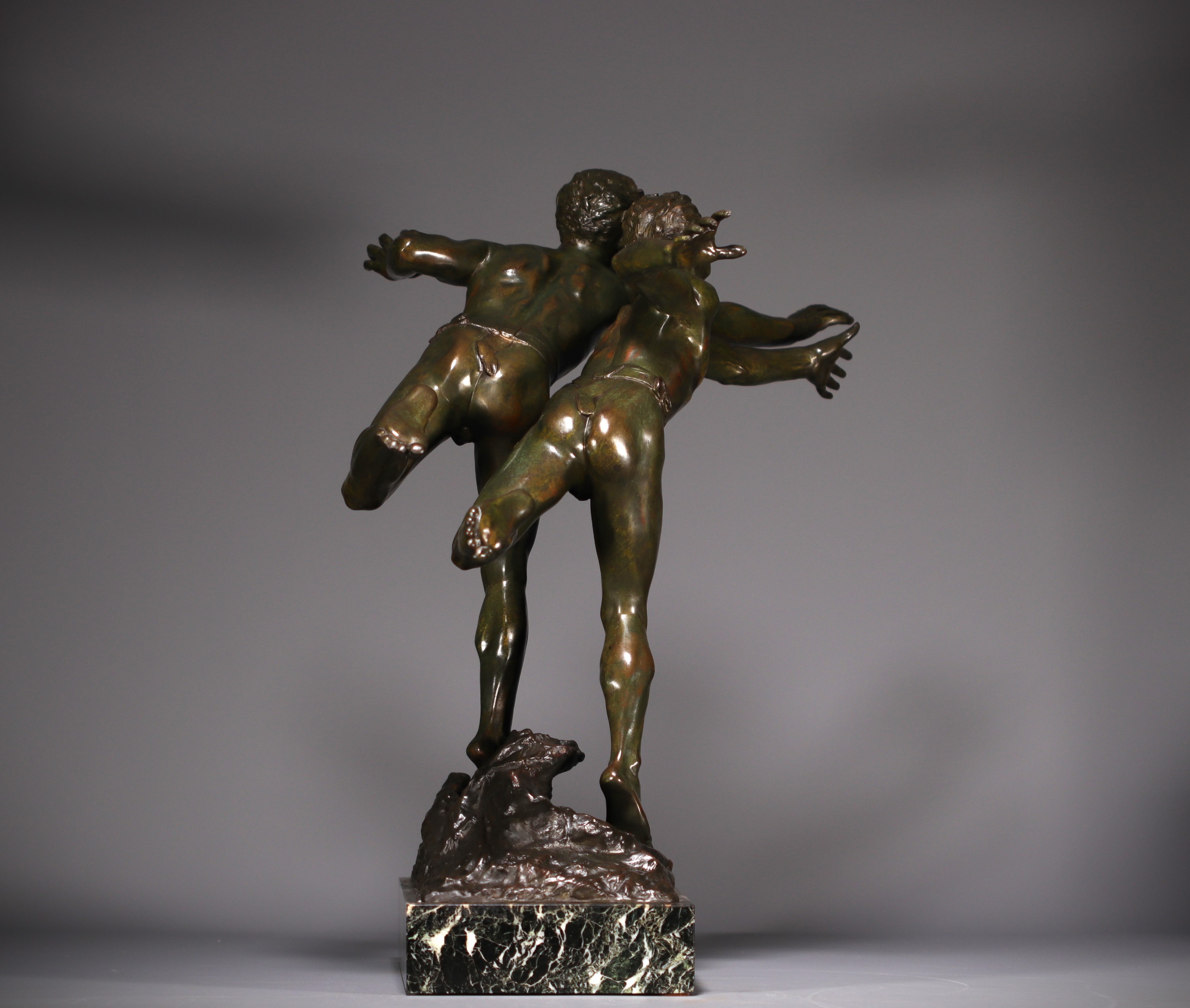 Edouard DROUOT (1859-1945) "La course" Bronze with green and brown shaded patina, on a marble base,  - Image 4 of 8