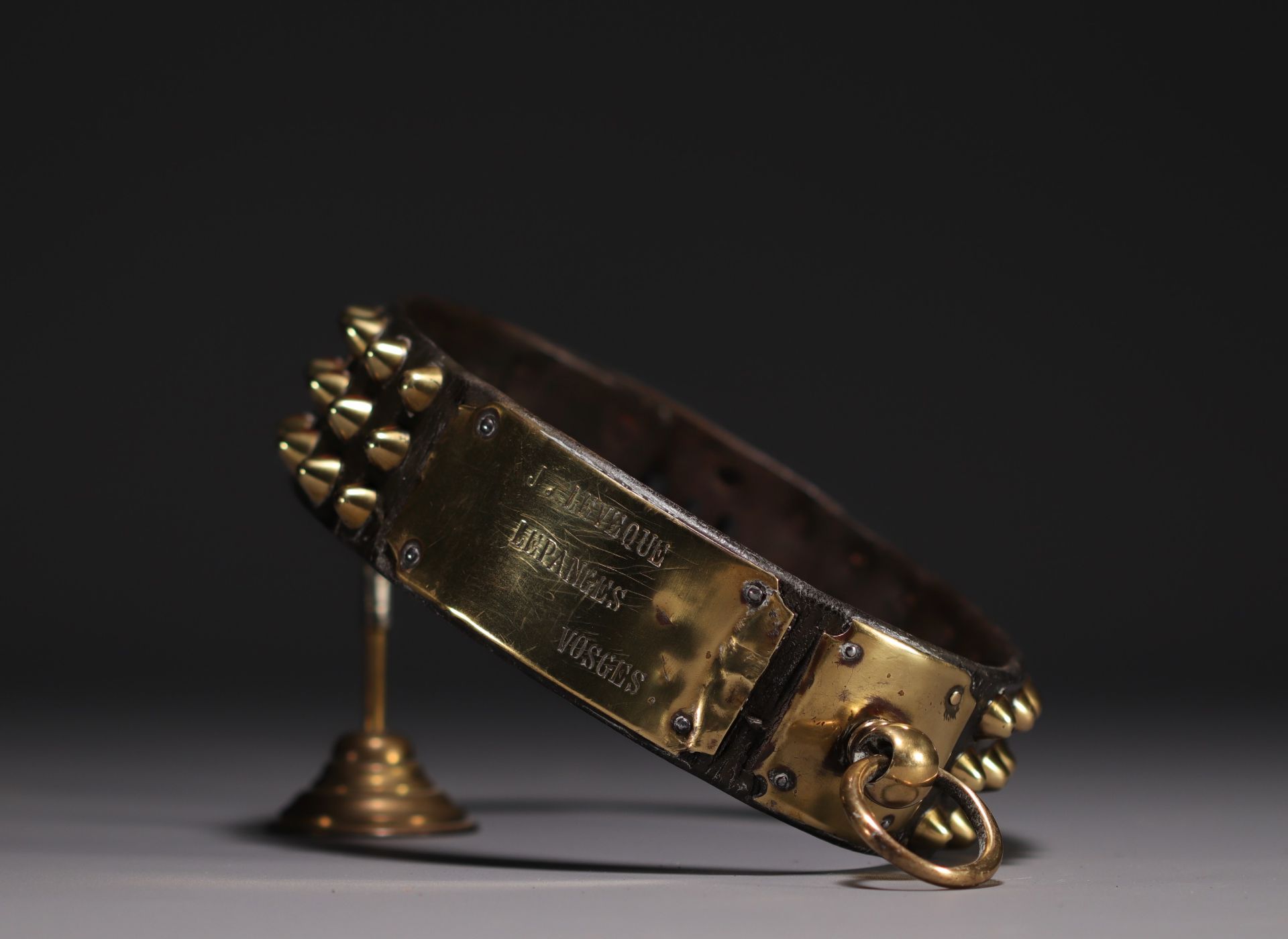 Rare leather dog collar, studs and brass nameplate, 19th century.