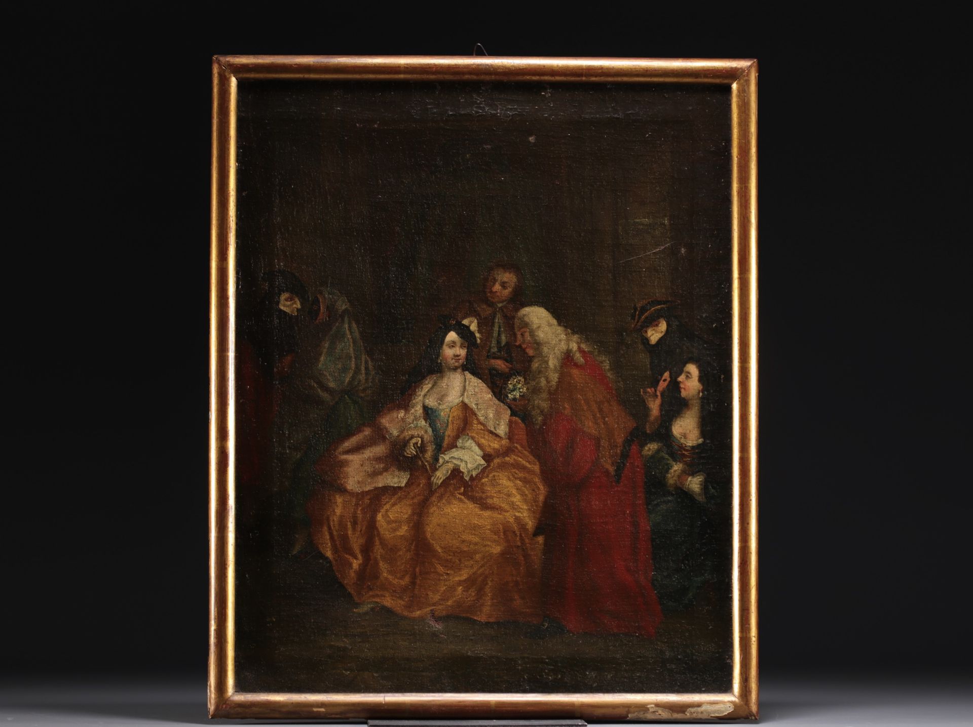 "Reunion with masked figures" in the style of Pietro LONGHI, oil on canvas, 18th century Italian sch