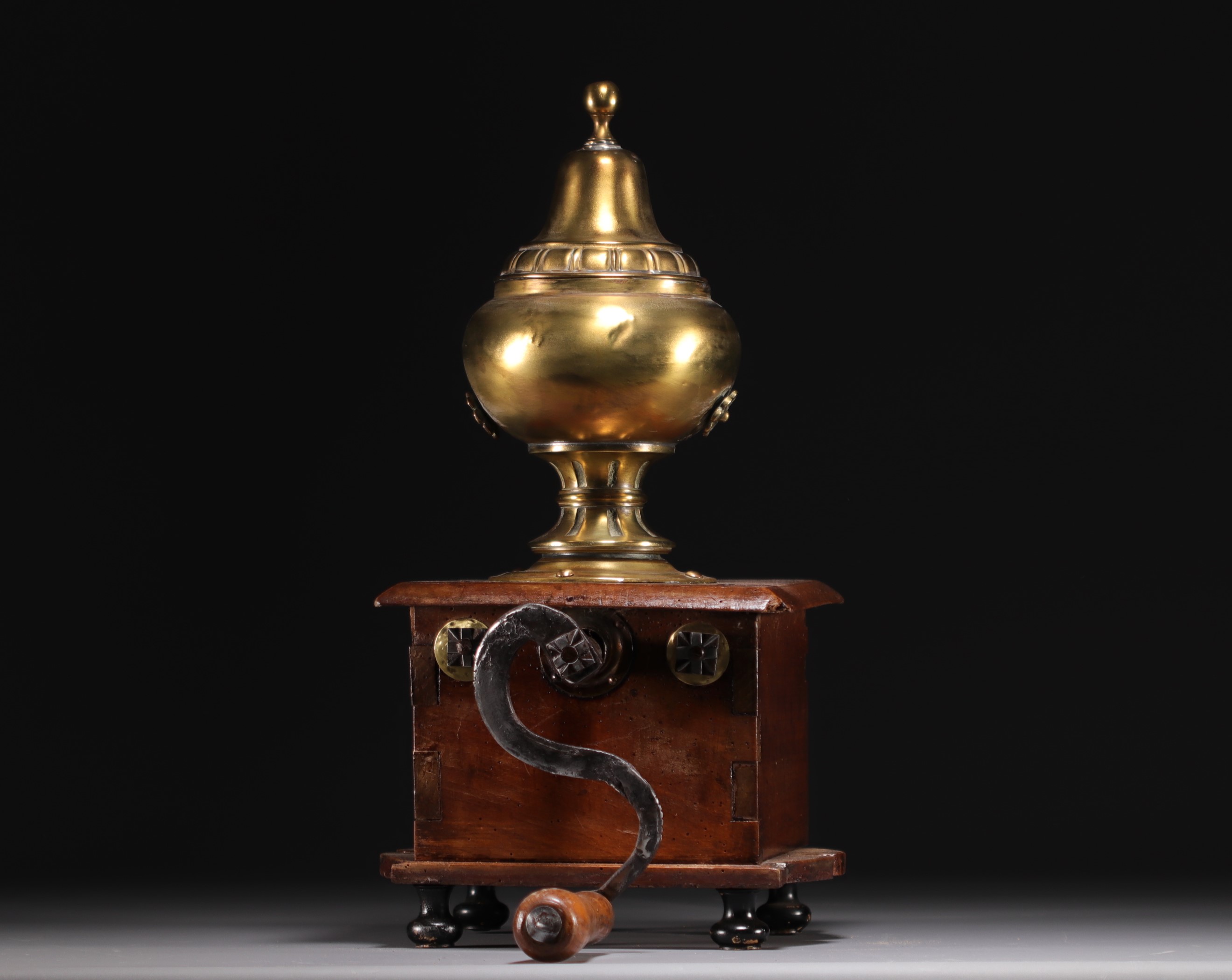 Walnut and brass coffee grinder, 18th-19th century.
