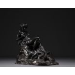Auguste PUTTEMANS (1866-1922) "Jeune femme nue a la pantheres" Sculpture in bronze with black patina
