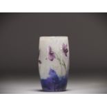 DAUM Nancy - Small enamelled multi-layered glass vase with violets design, signed.