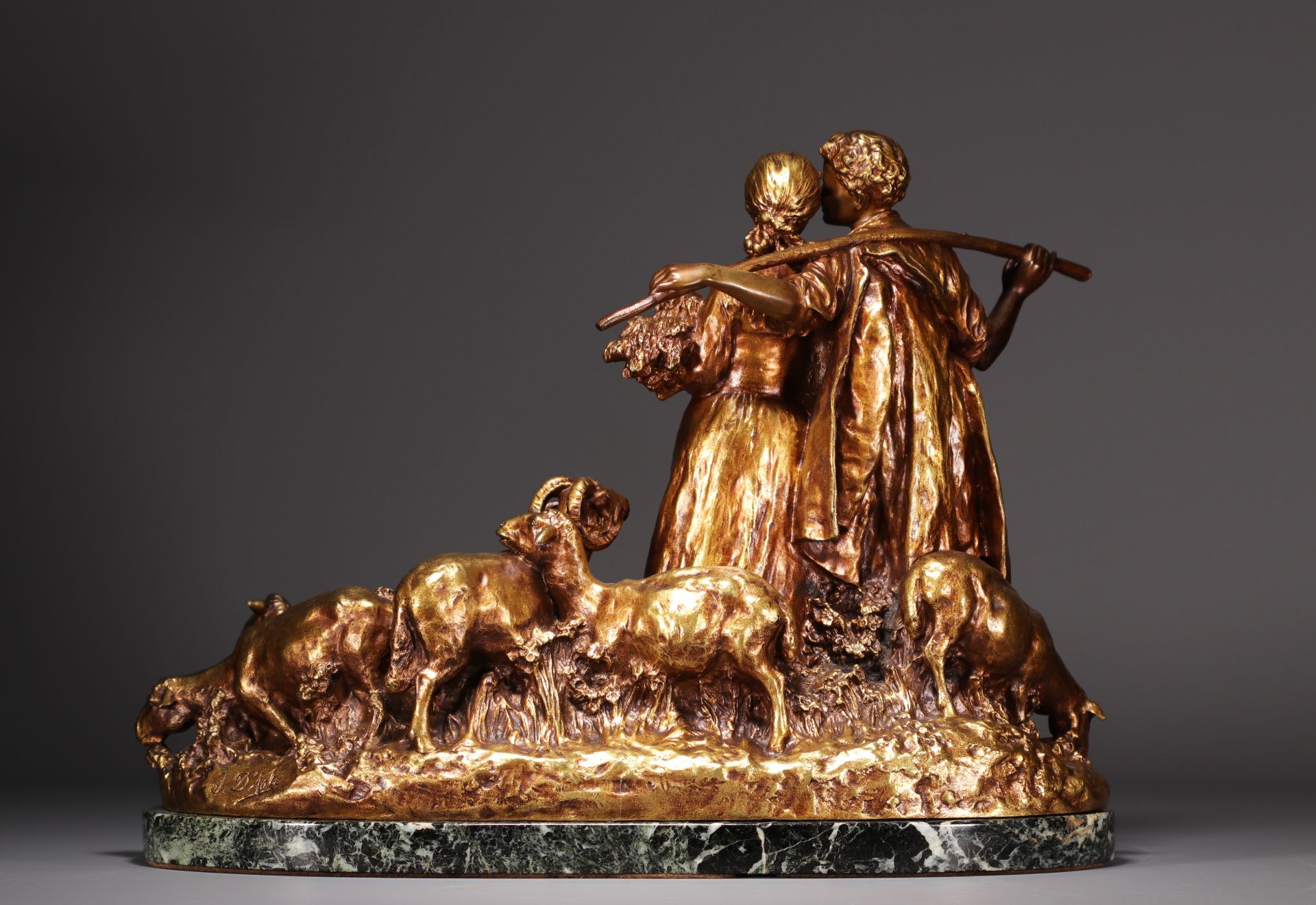 Joseph d'ASTE (1881-1945) "Couple of shepherds and sheep" Bronze with golden patina on marble base. - Image 4 of 4