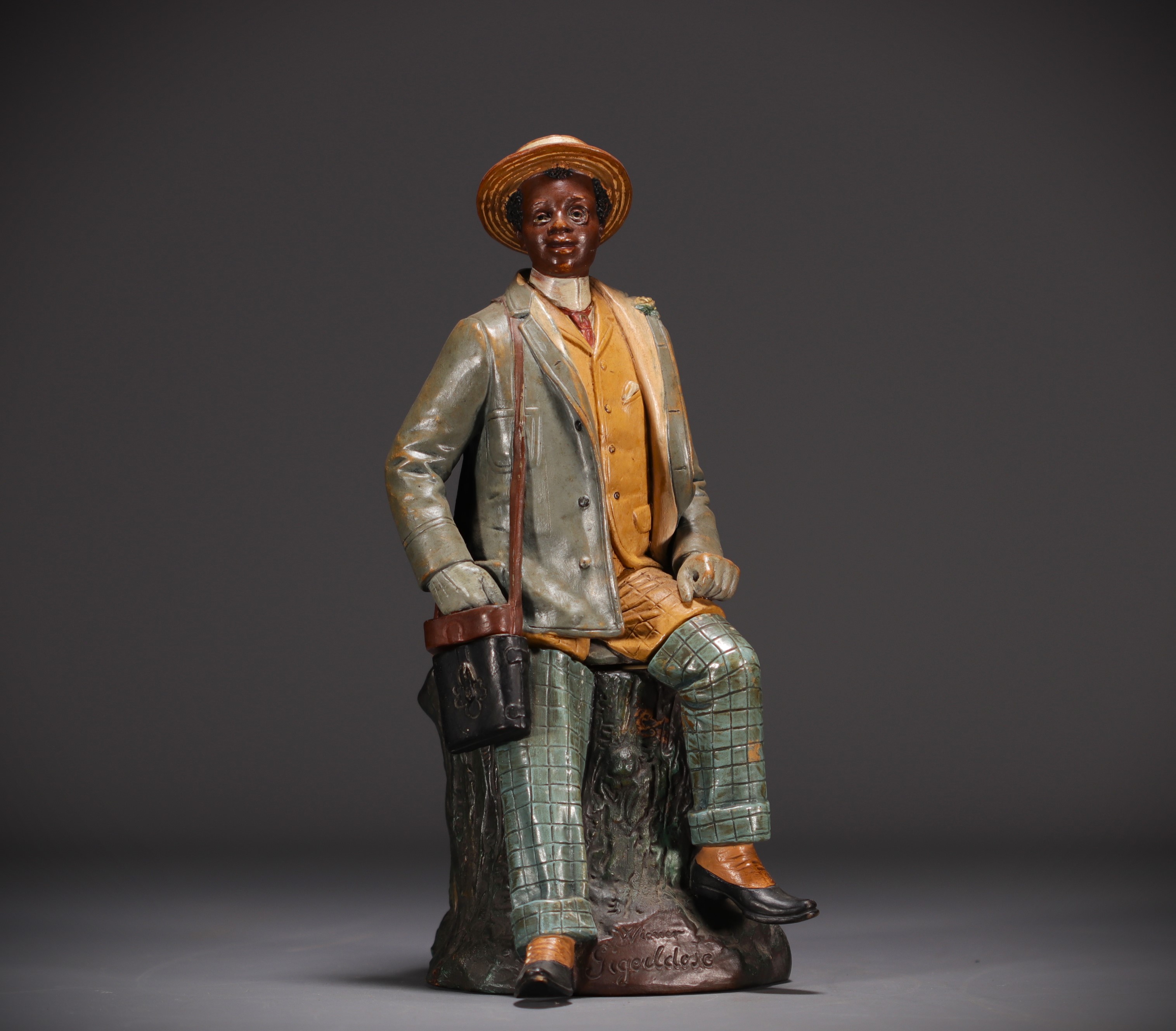 Bernard BLOCH (1836-1909) "African dandy with monocle" Polychrome terracotta tobacco pot.