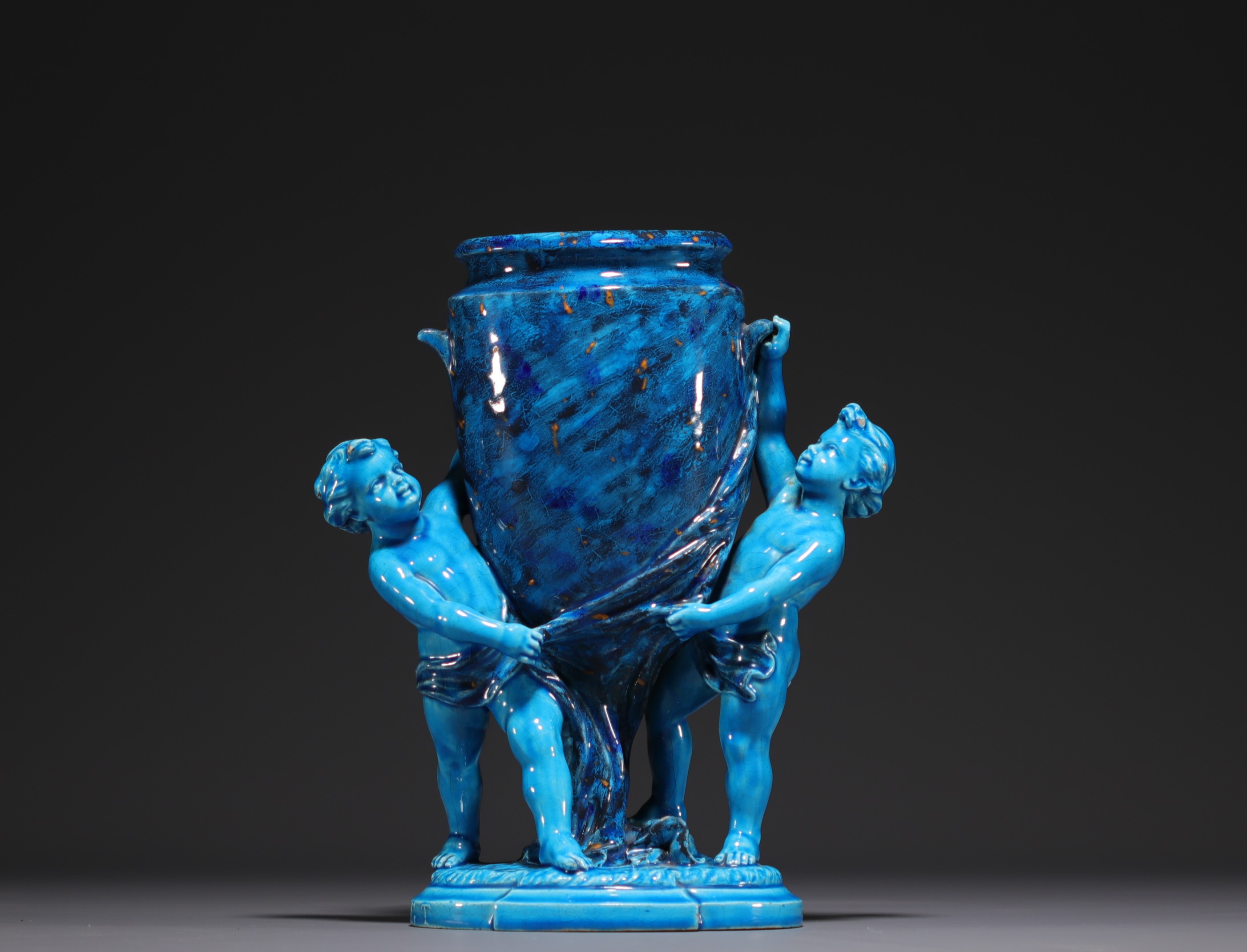 Paul MILLET (1870-1950) Blue and gold "Urne aux Putti" vase.