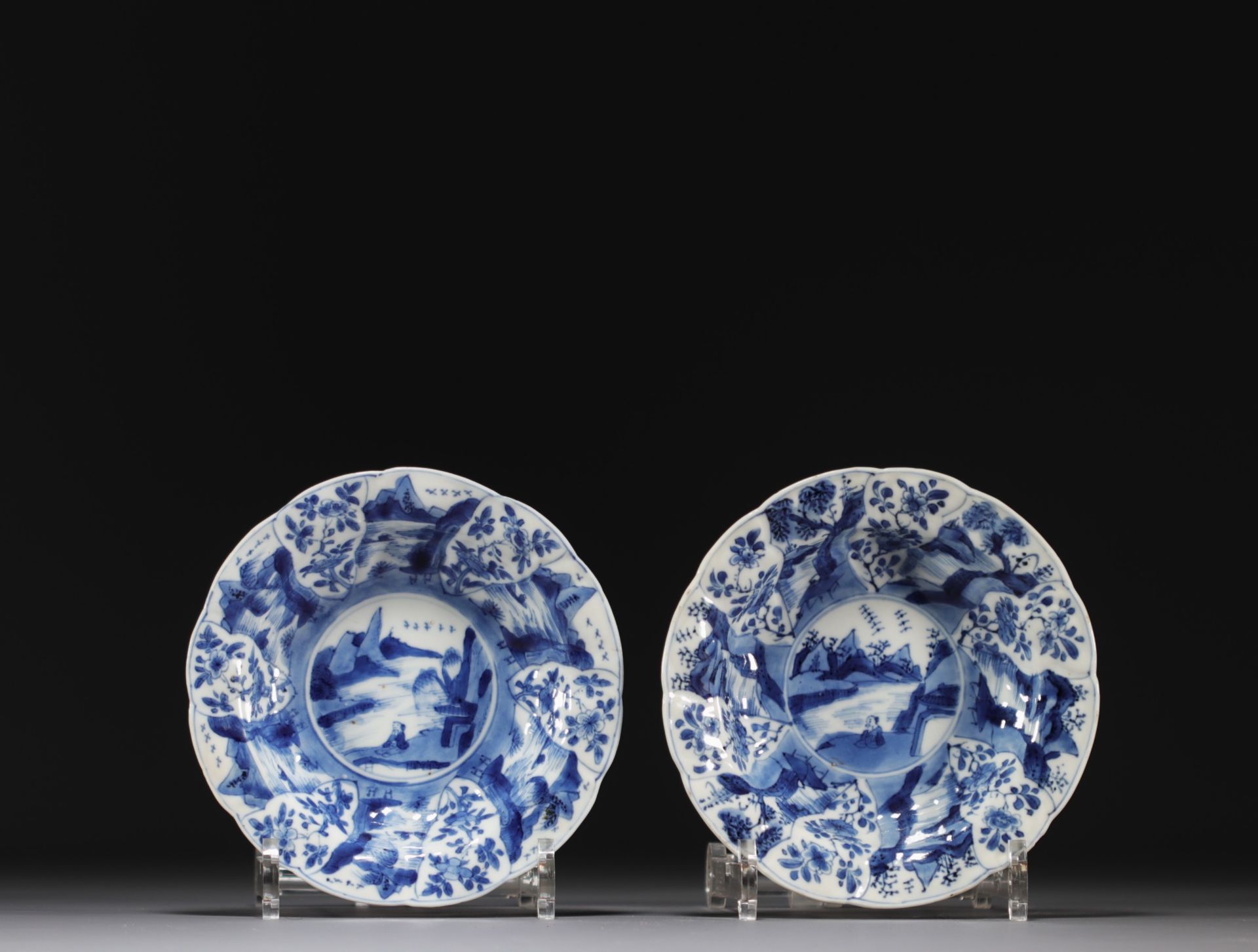 China - A pair of blue-white porcelain plates with floral decoration, Kangxi period.