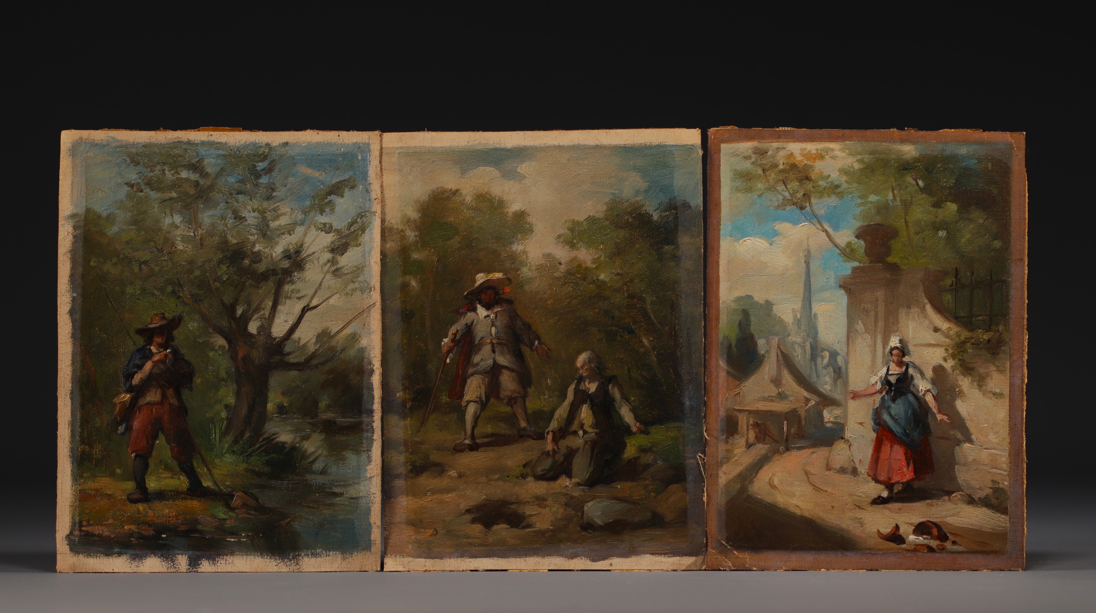Set of three small oil paintings - French school, 19th century.