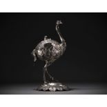 Ostrich in silver and vermeil, imposing covered bowl, table settings, late 19th century.