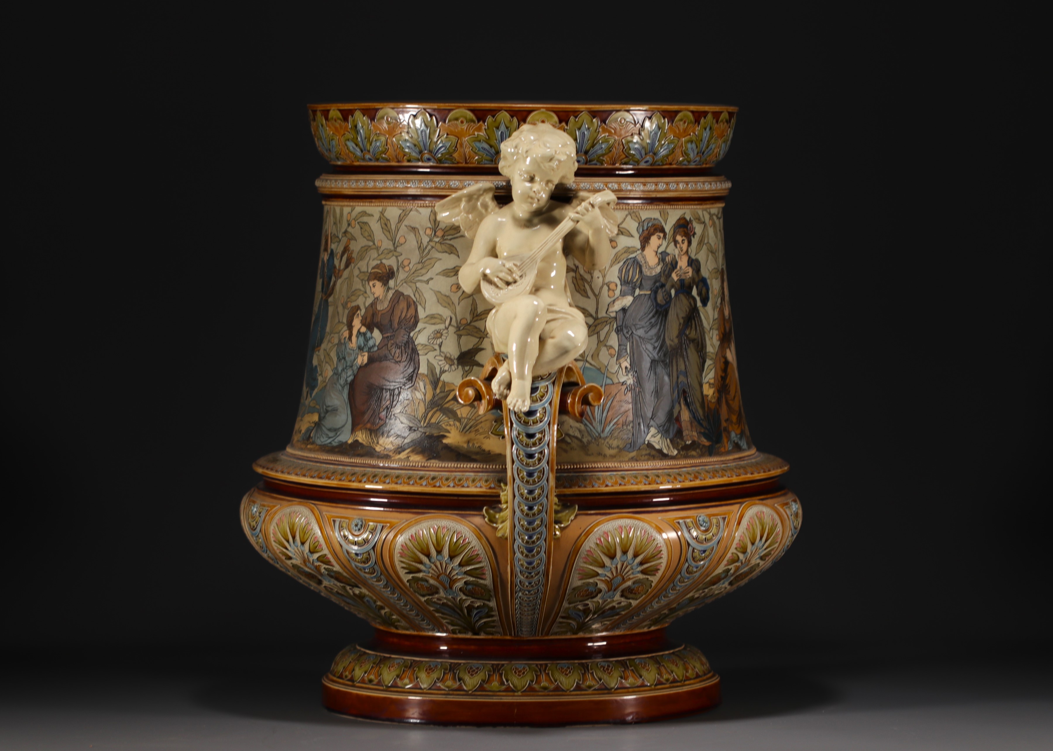Villeroy & Boch Mettlach - Imposing and rare ceramic planter with figures on a mahogany saddle. Circ - Image 2 of 10