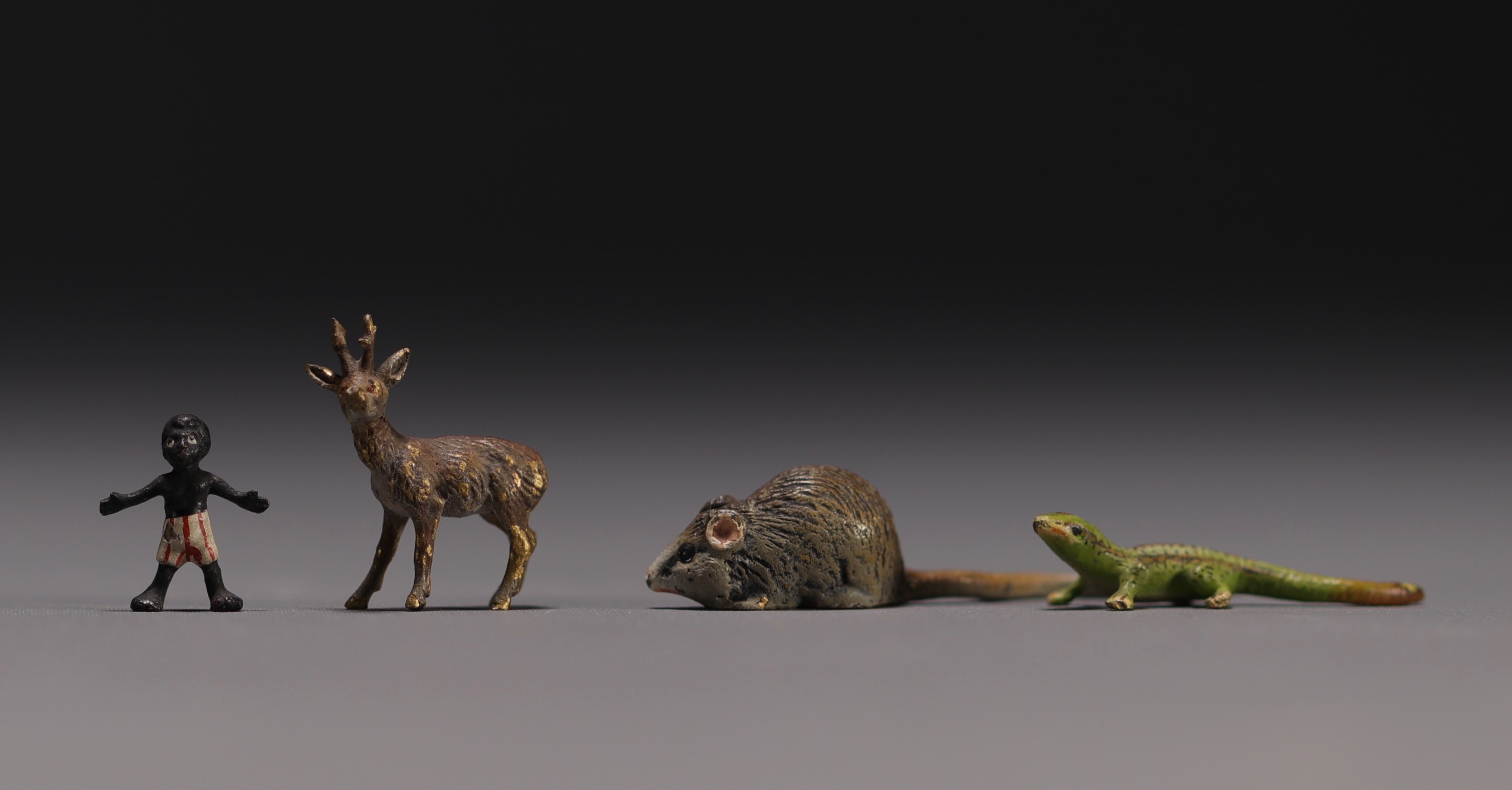 Set of 17 miniature subjects in polychrome Vienna bronzes and a small burr elm box. - Image 3 of 5