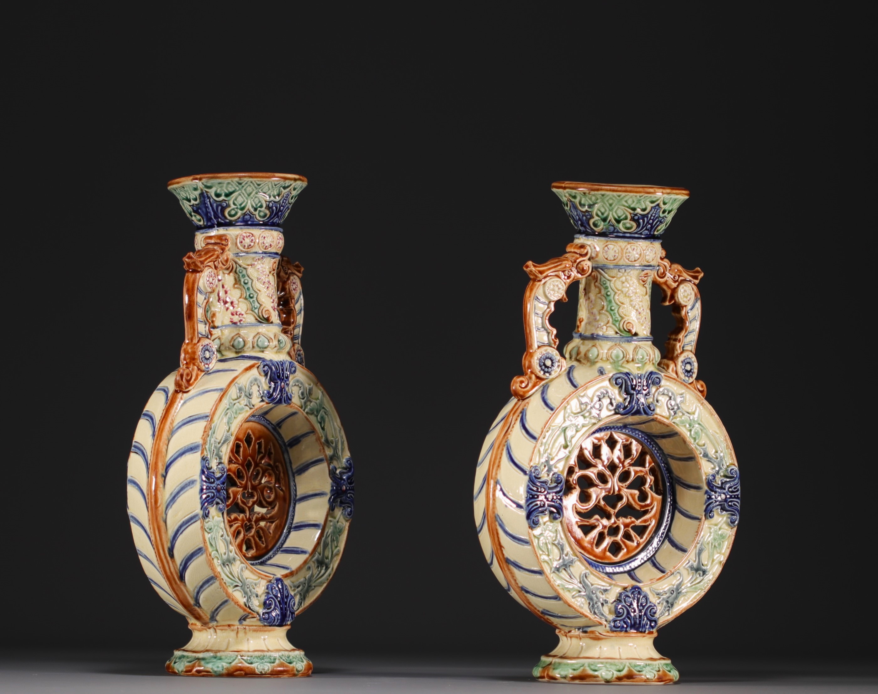 Pair of Wasmuel earthenware openwork "Buire" vases, circa 1900. - Image 2 of 3