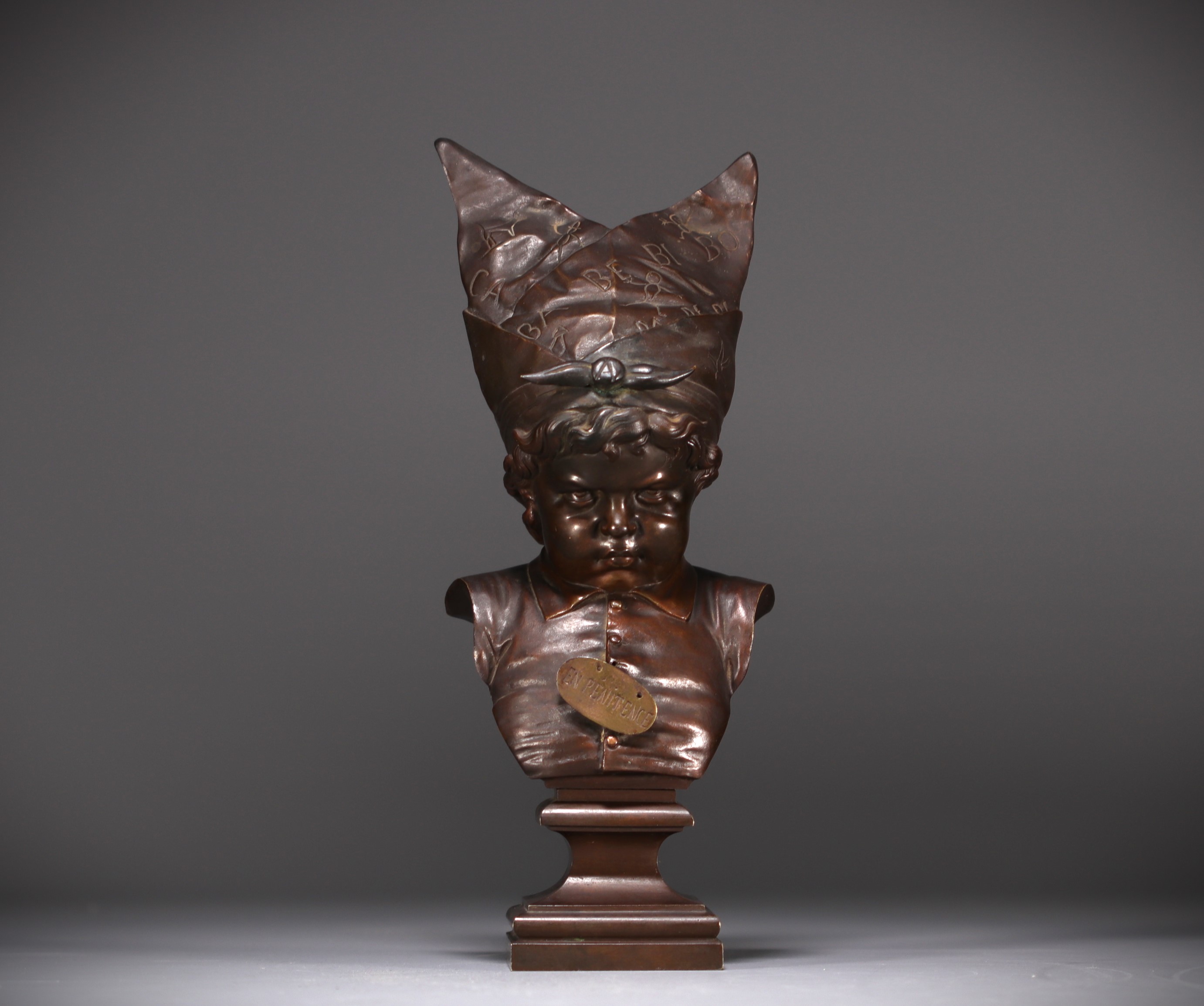 Nicolas LECORNET known as "Lecorney" (1825-1884) "En penitence", child with dunce cap, bronze bust w