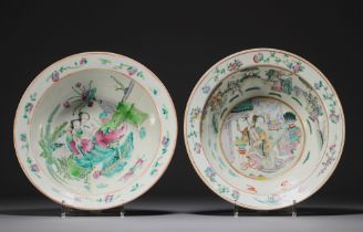 China - Pair of Famille Rose porcelain dishes decorated with figures, flowers and bats.