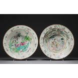 China - Pair of Famille Rose porcelain dishes decorated with figures, flowers and bats.