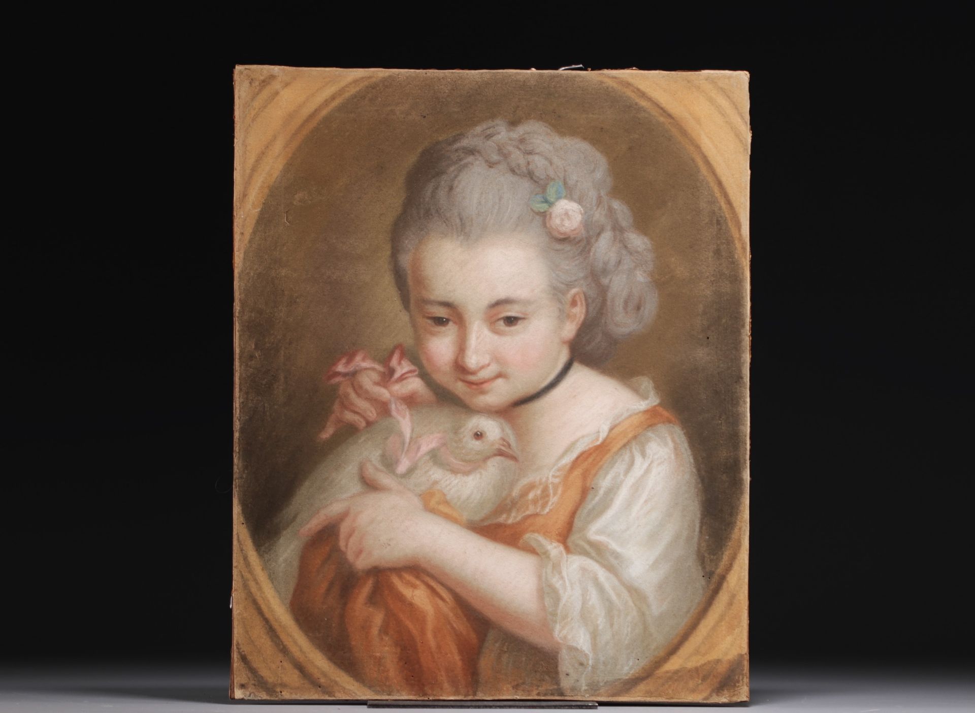 "Young Girl with Dove" French school, pastel portrait, 18th-19th century.