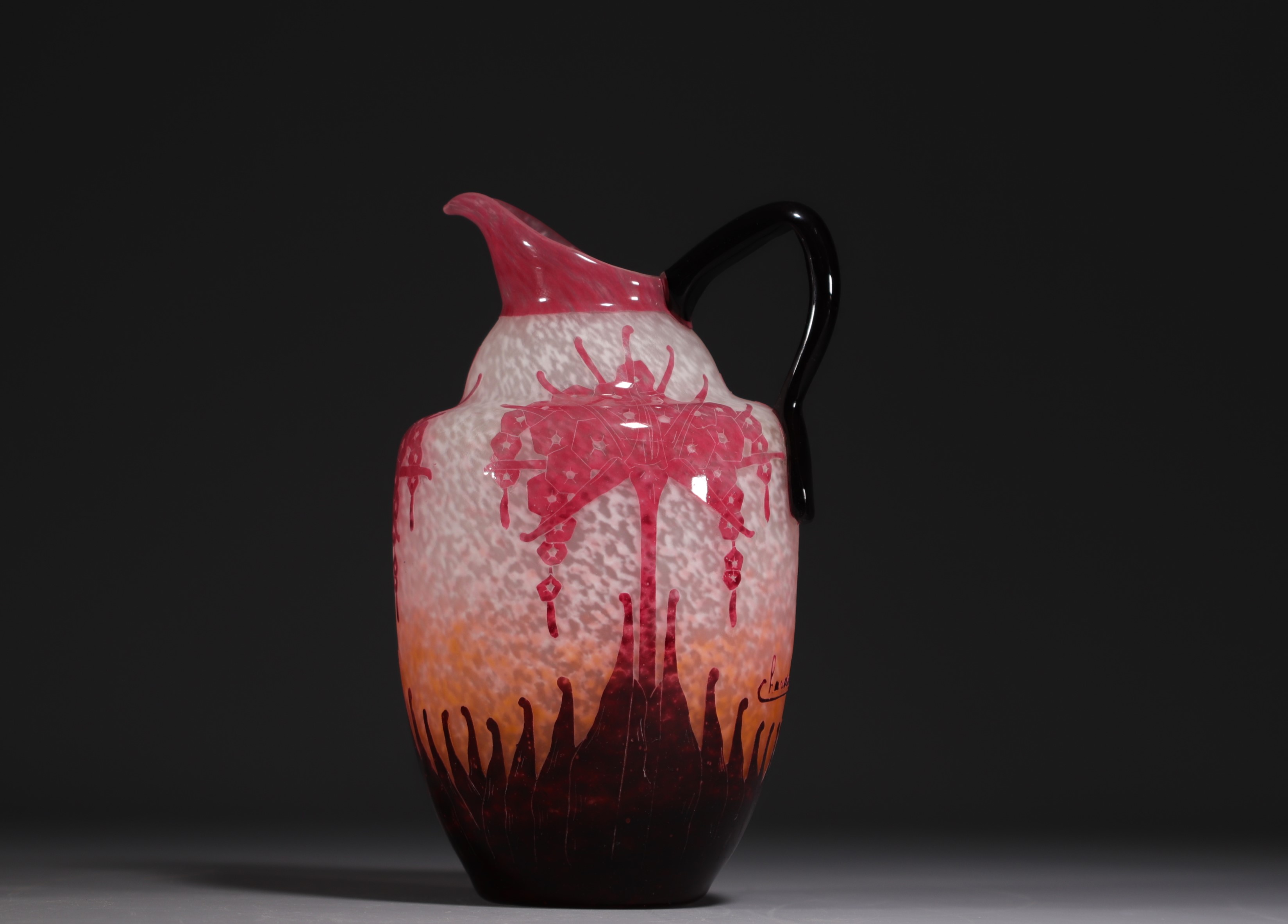 CHARDER - Multi-layered acid-etched glass jug decorated with rhododendrons, signed in the decoration - Image 3 of 4