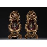 A pair of carved and gilt wood frames, one containing a miniature painting of a lady's portrait, 19t