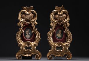 A pair of carved and gilt wood frames, one containing a miniature painting of a lady's portrait, 19t