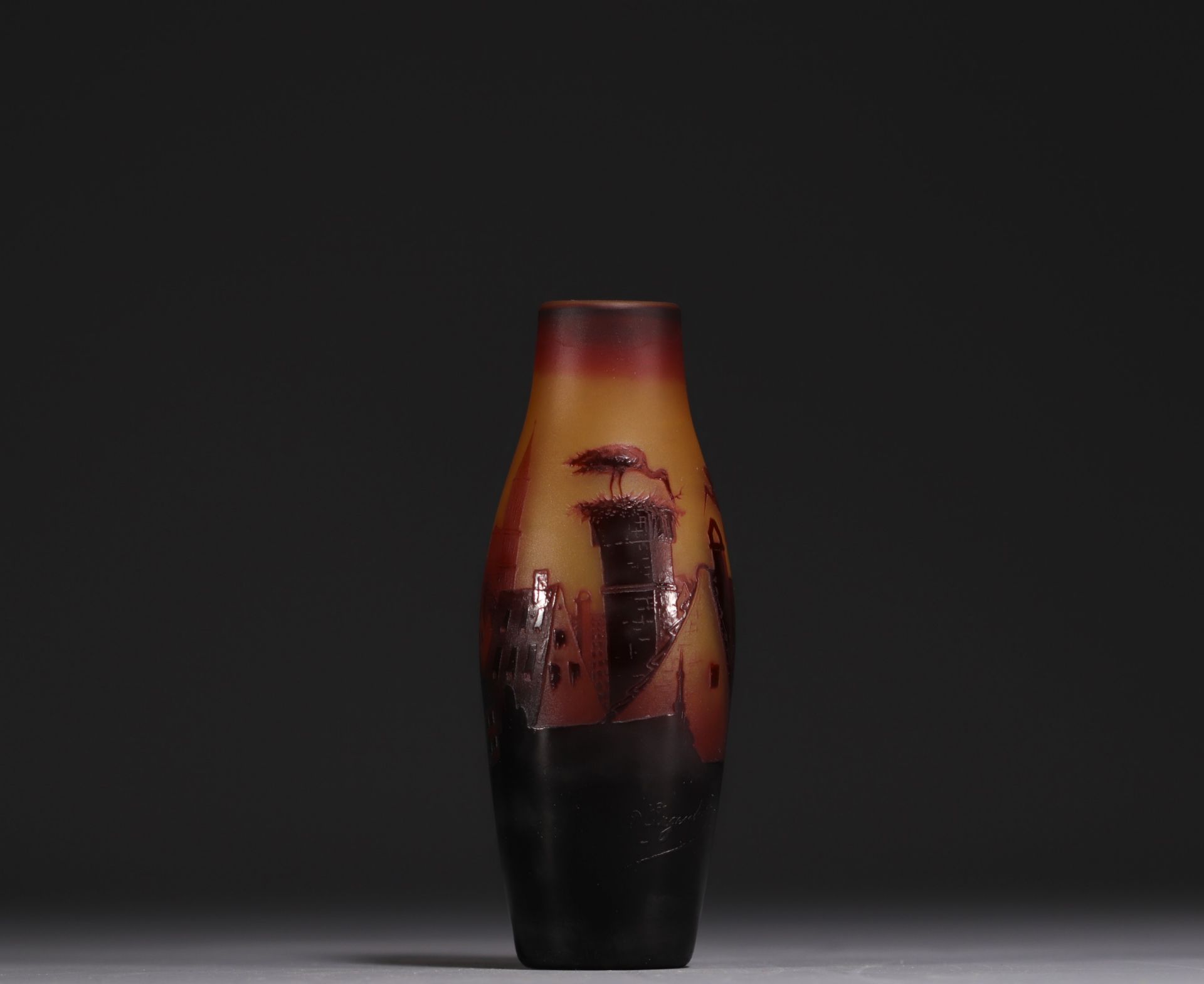 D'ARGENTAL - A rare acid-etched multi-layered glass vase with Alsatian stork decoration, signed.