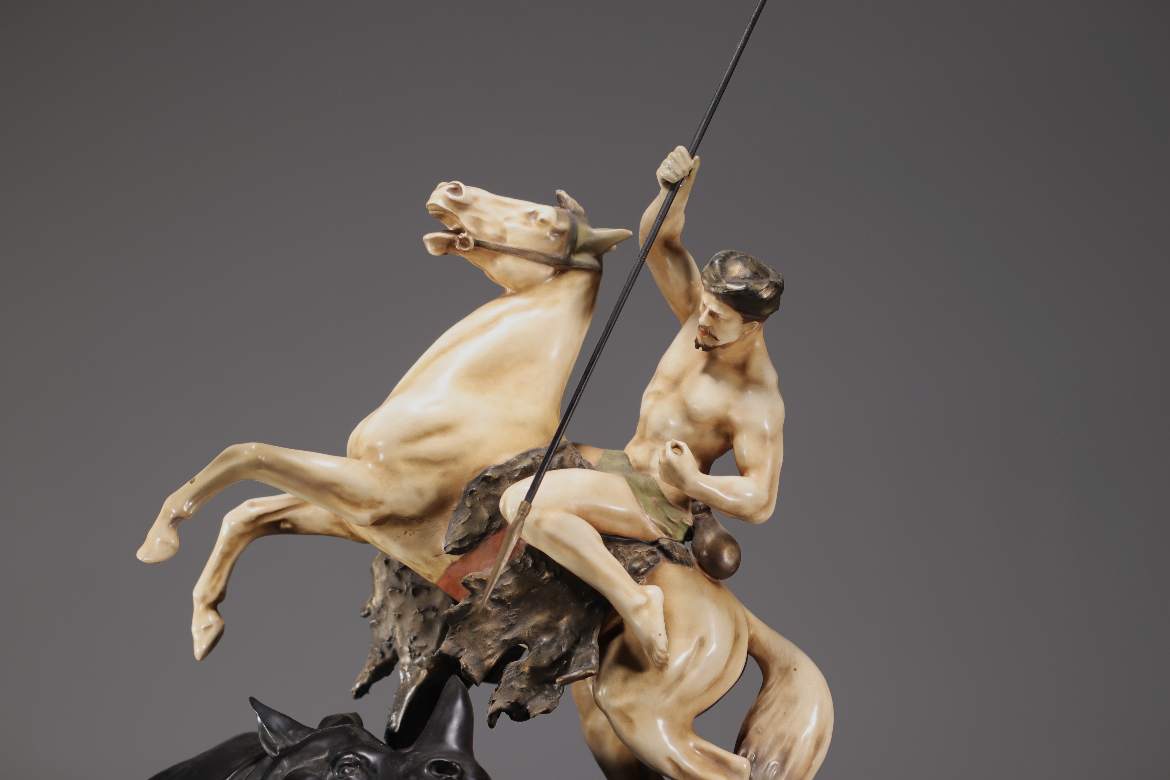 Eduard STELLMACHER (1868-1945) "Rhinoceros Hunt" Ceramic sculpture for the Teplitz factory - Image 5 of 7