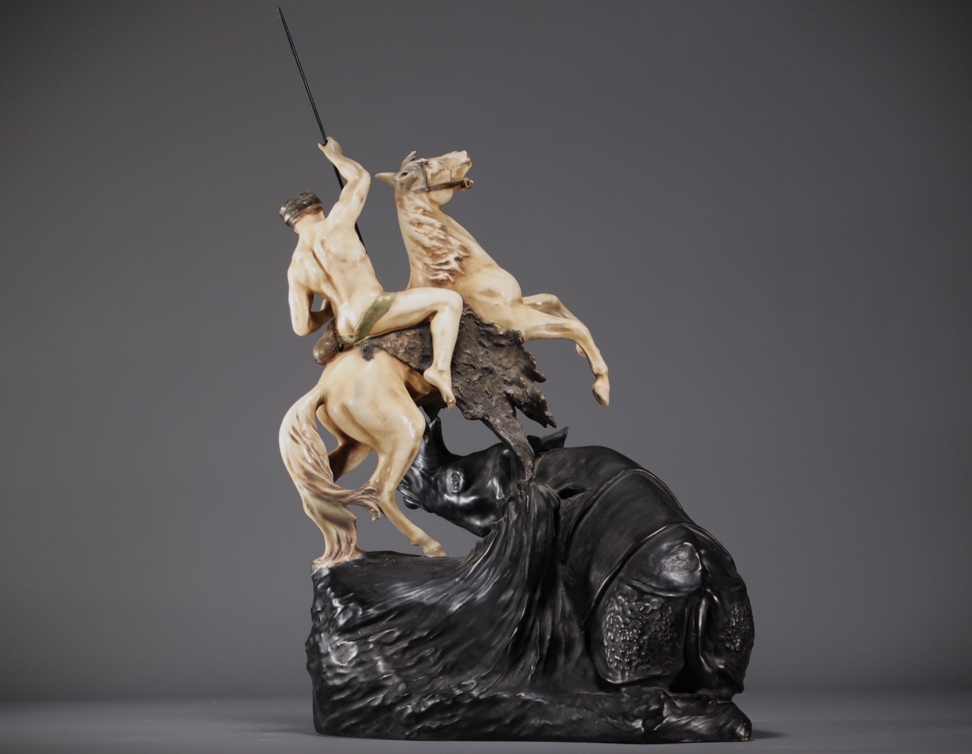 Eduard STELLMACHER (1868-1945) "Rhinoceros Hunt" Ceramic sculpture for the Teplitz factory - Image 3 of 7