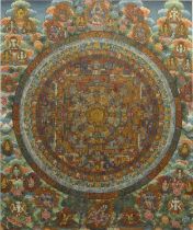 Tibet - Tanka, painting on silk decorated with divinities and bordered with embroidered silk, 19th c