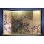 Japan - Screen with floral and bird decoration painted on gold leaf.