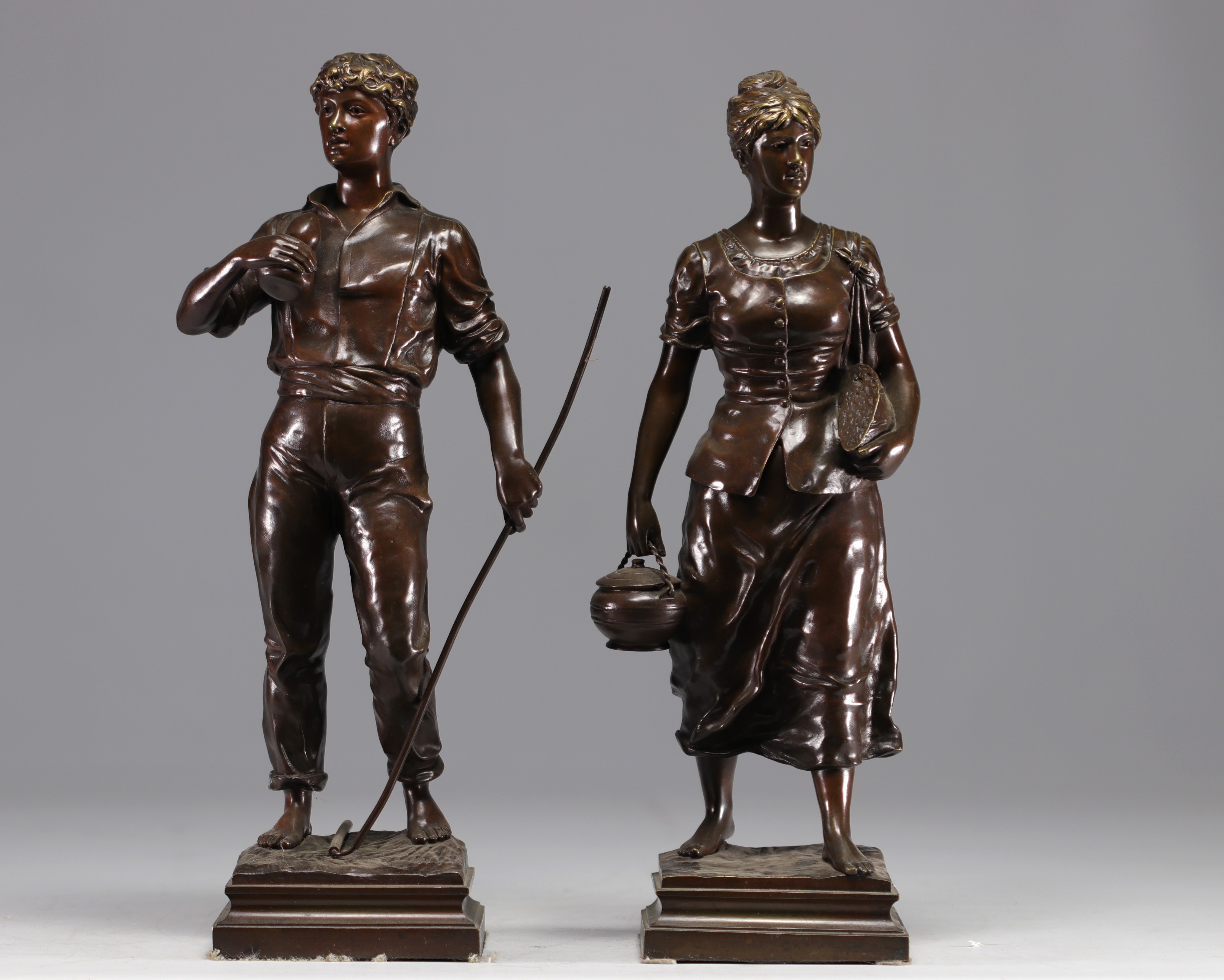 Jean GARNIER (1853-1910) "Couple de Paysans" pair of bronze sculptures.
