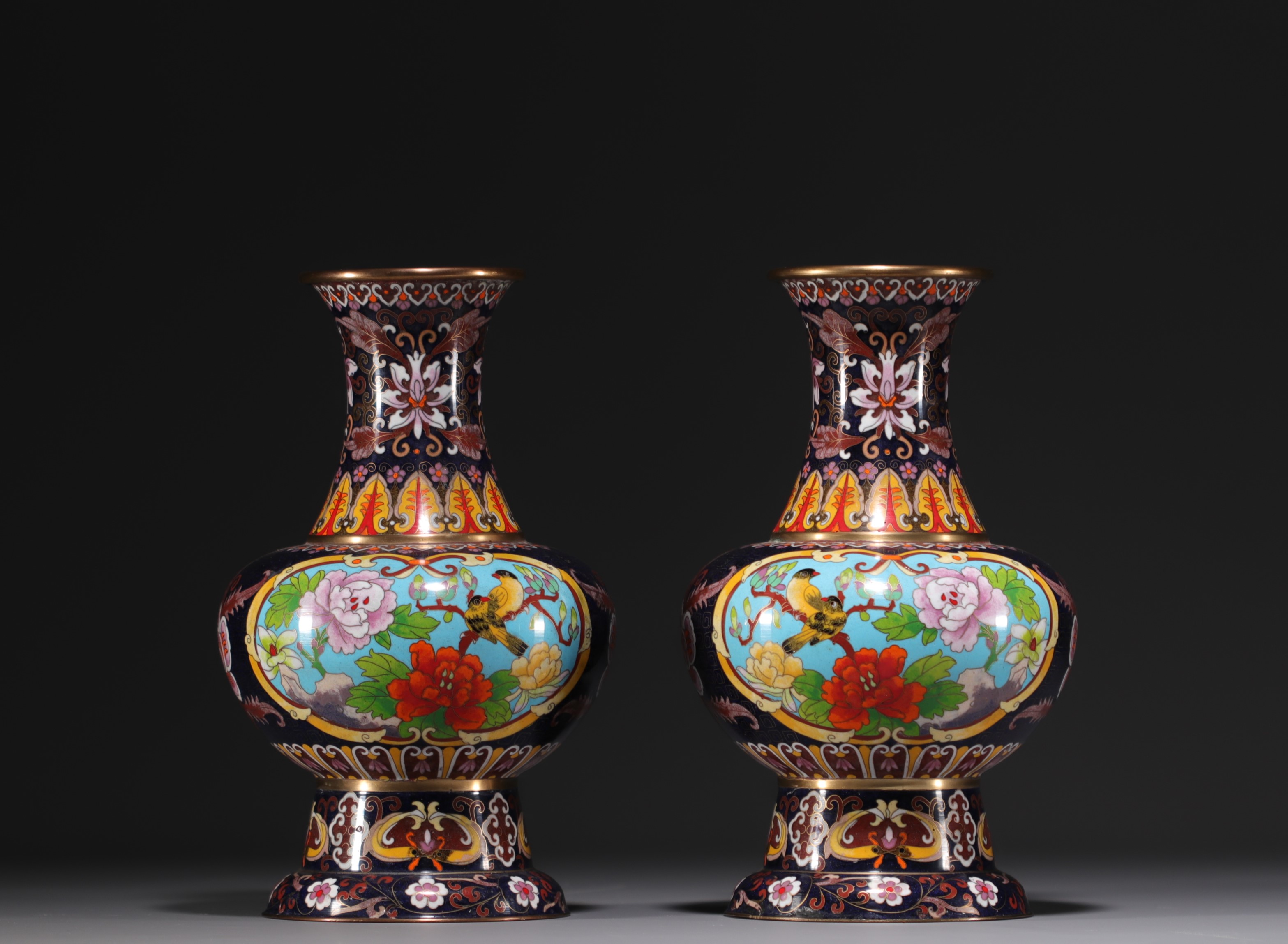 China - A pair of cloisonne enamel vases decorated with flowers and birds, 20th century. - Image 3 of 4