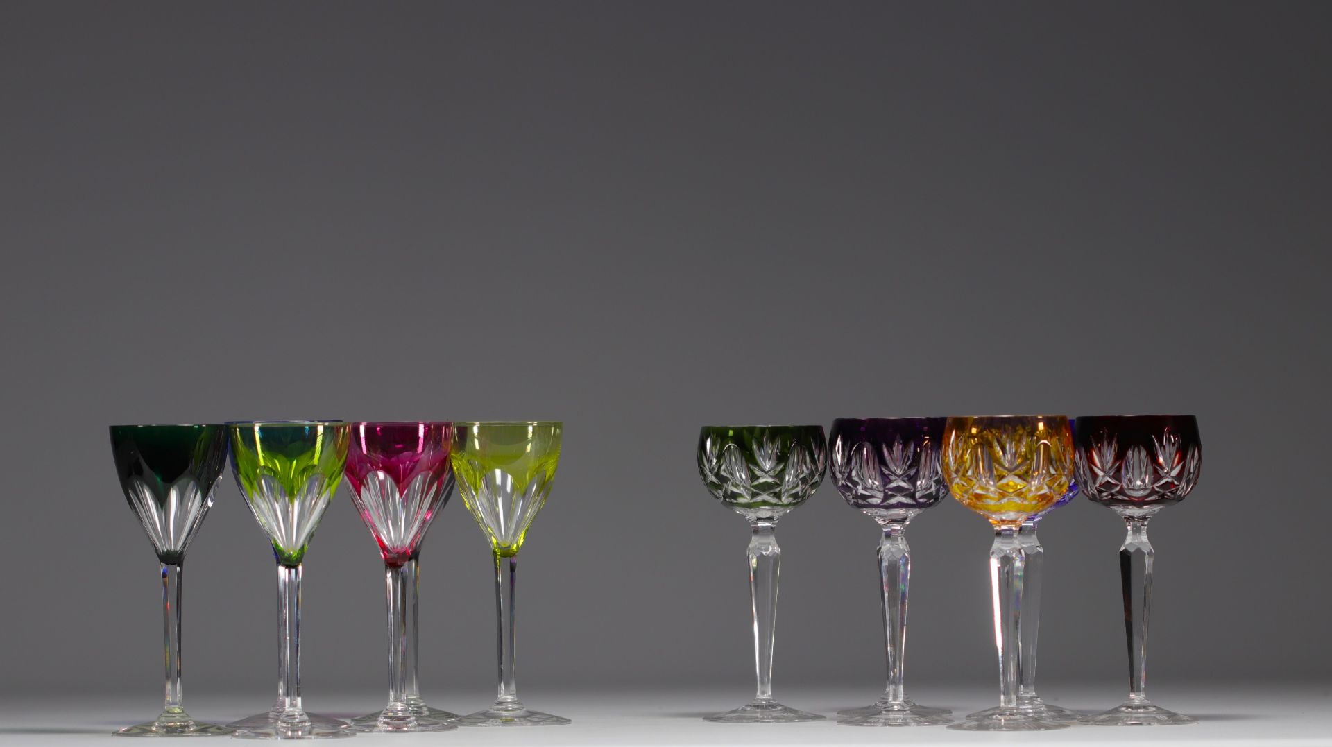 Val Saint Lambert - Set of twelve coloured crystal stemmed glasses.