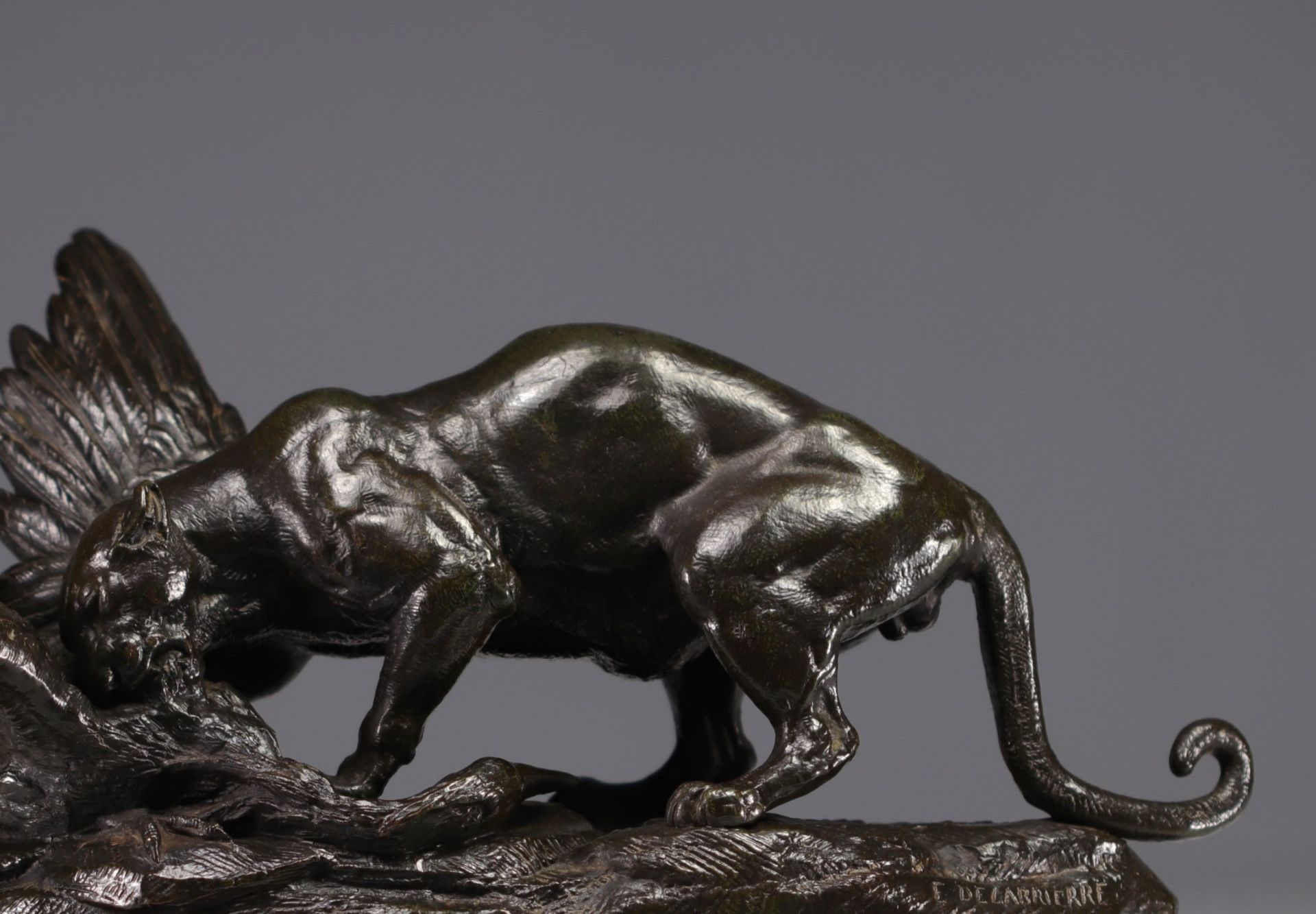 Paul Edouard DELABRIERRE (1829-1910) "Panther devouring a pelican" Bronze sculpture. - Image 3 of 4