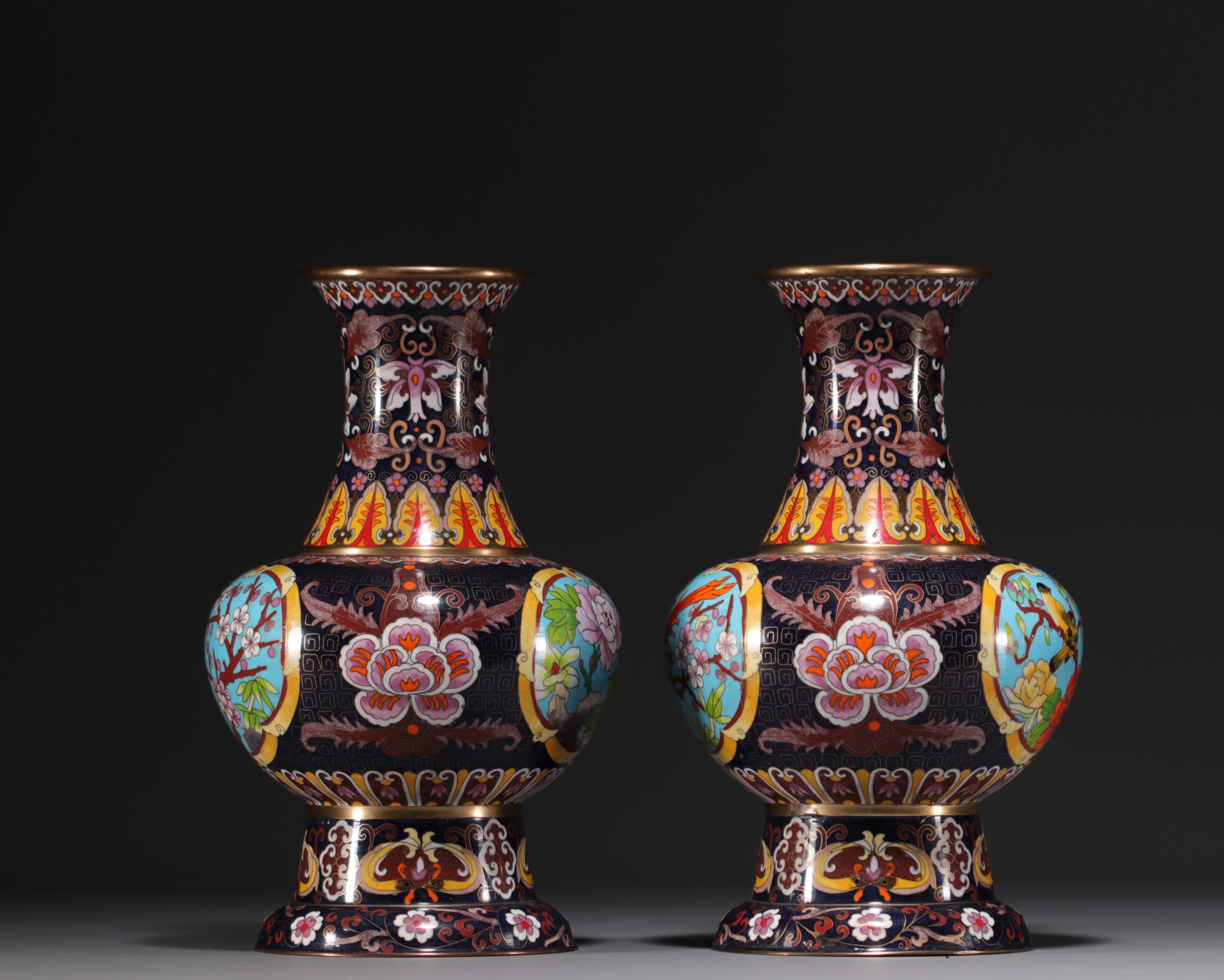 China - A pair of cloisonne enamel vases decorated with flowers and birds, 20th century. - Image 2 of 4
