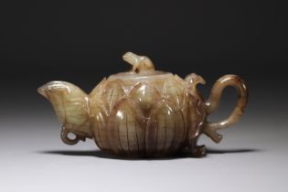 China - Lotus-shaped green/brown jade teapot, frog-shaped fretel.