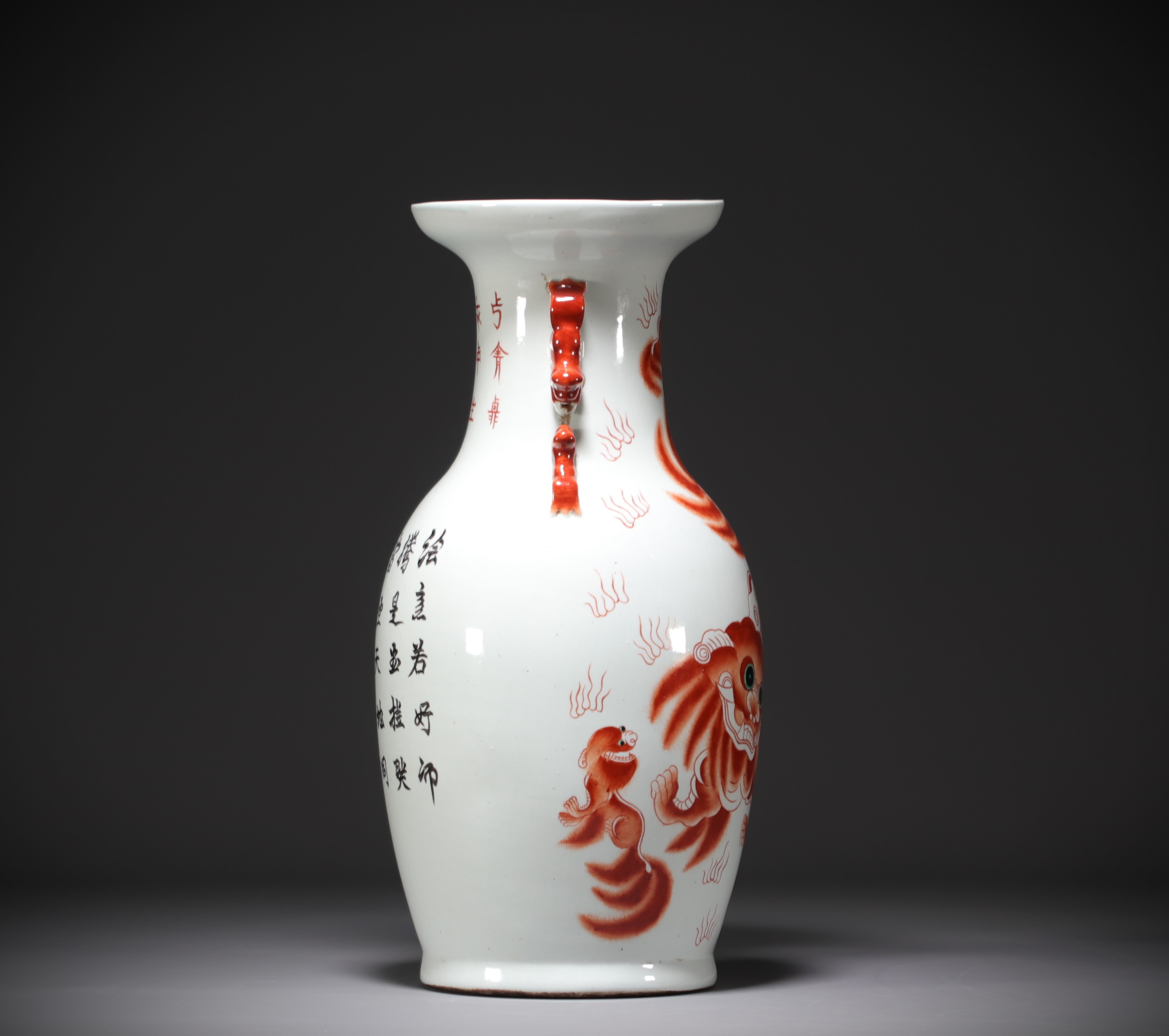 China - Large porcelain vase decorated with a Fo dog and calligraphy. - Image 4 of 5