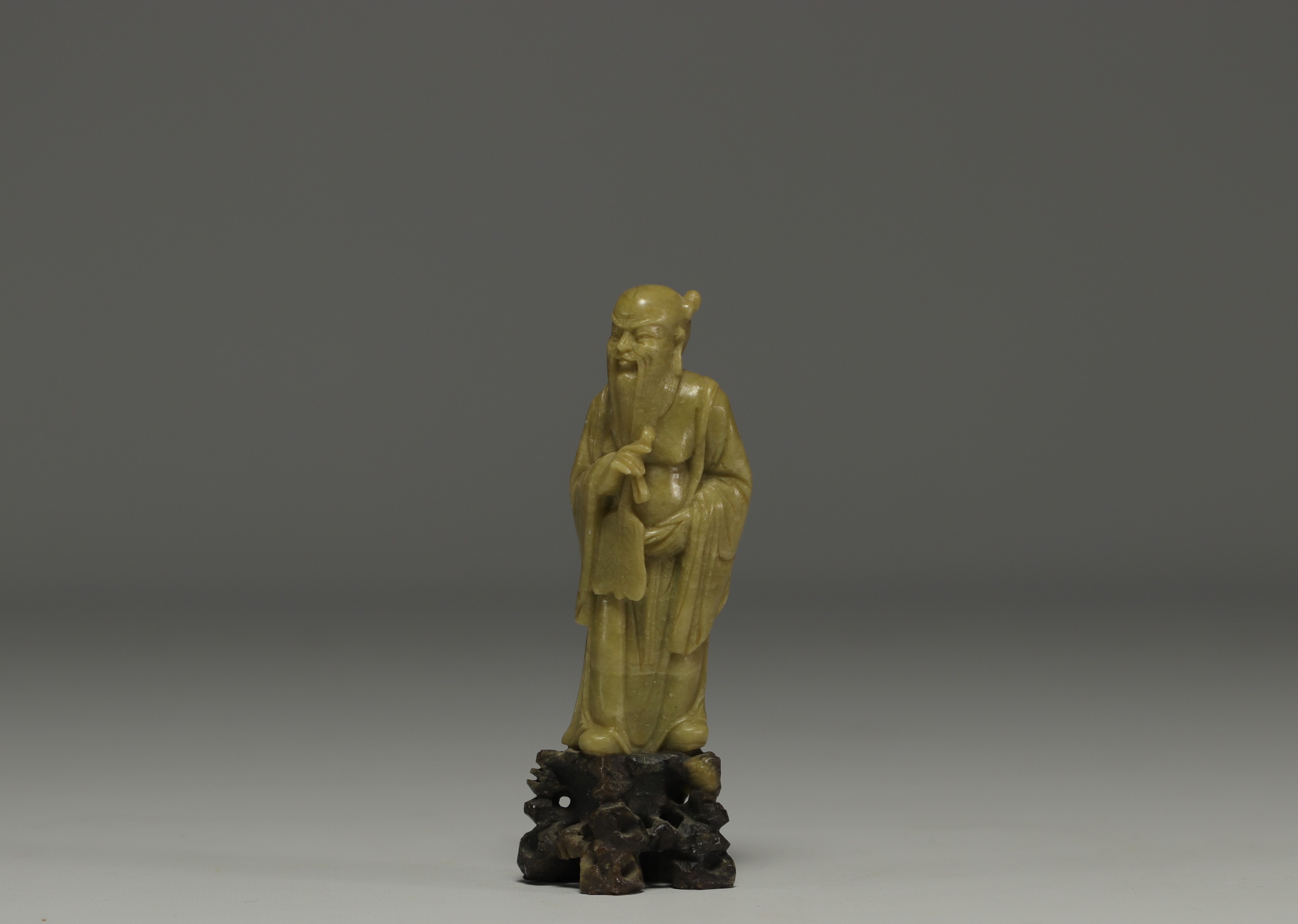 China - Set of two hard stone sculptures, one decorated with lions and a Sage, on wooden bases. - Image 4 of 6