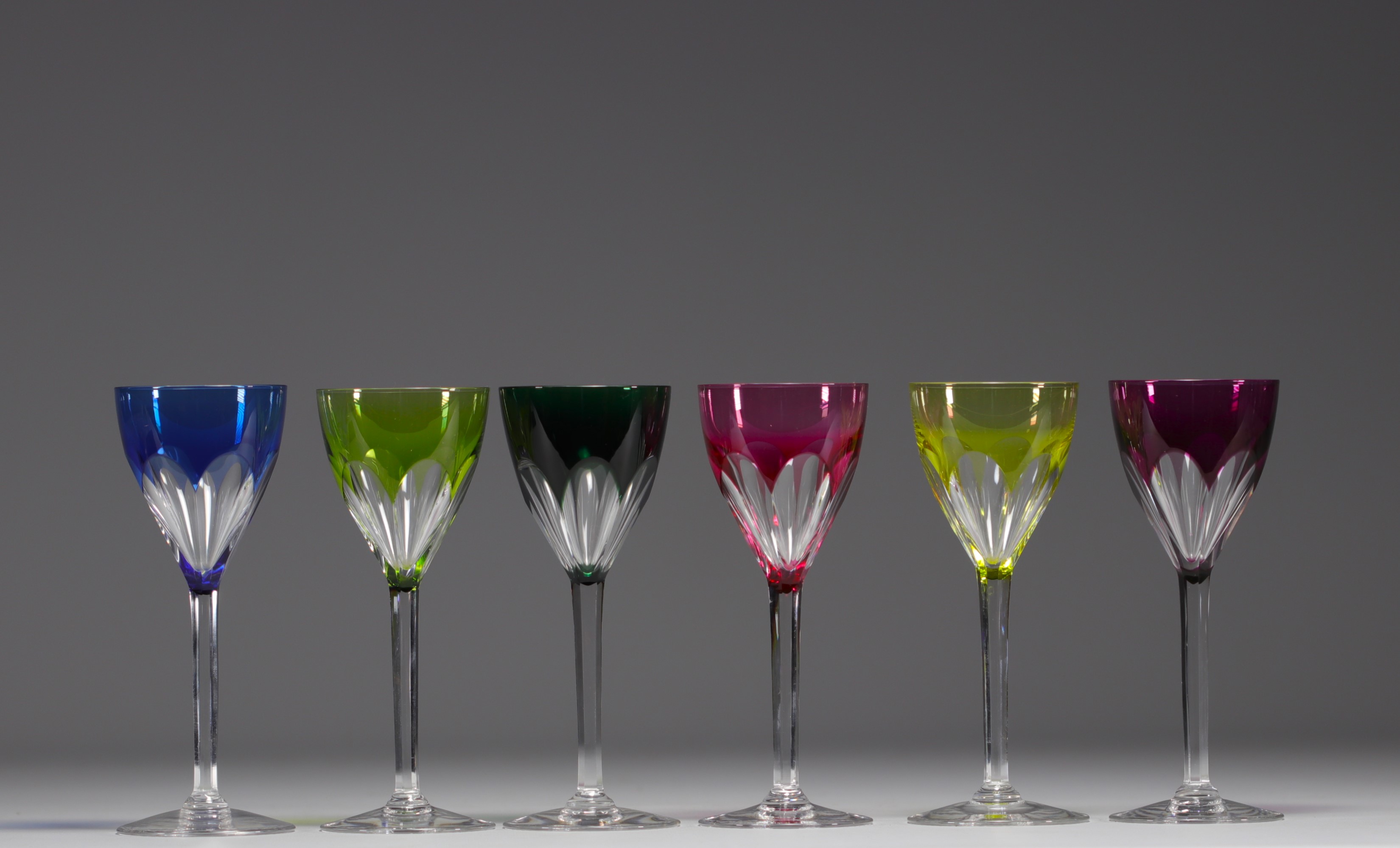 Val Saint Lambert - Set of twelve coloured crystal stemmed glasses. - Image 2 of 5