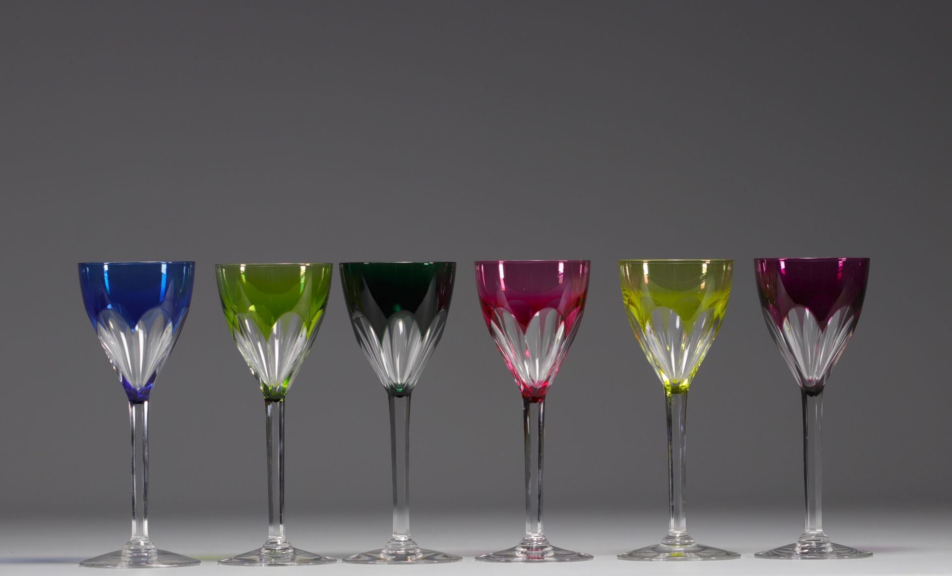 Val Saint Lambert - Set of twelve coloured crystal stemmed glasses. - Image 2 of 5