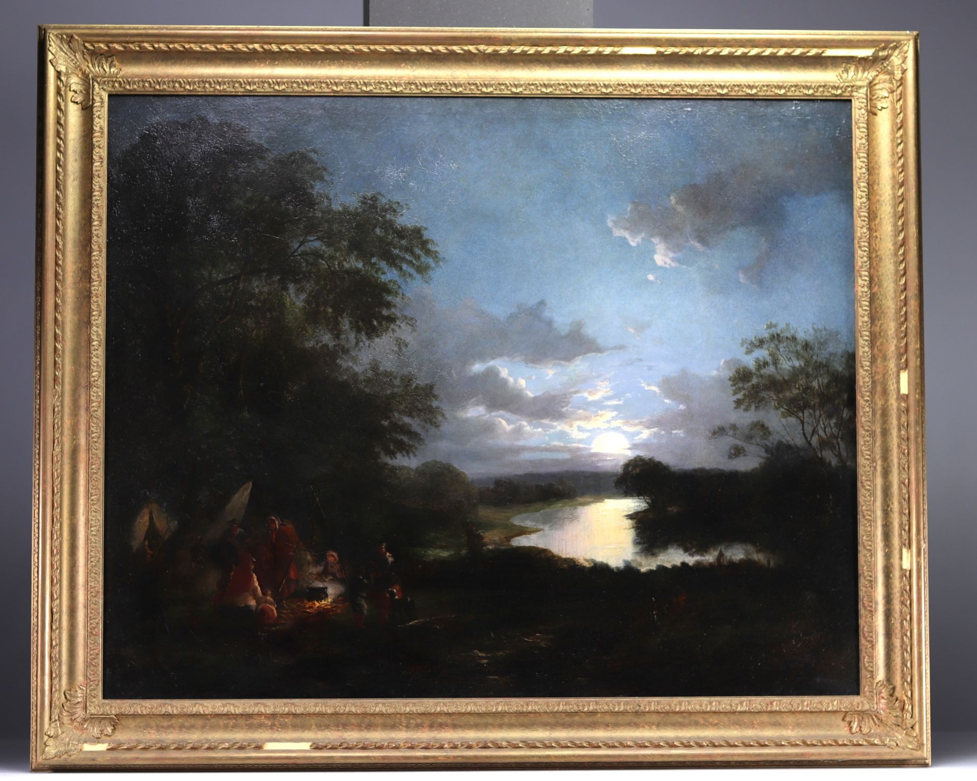 "Bivouac au claire de lune" Large oil on canvas, 19th century. - Bild 2 aus 2