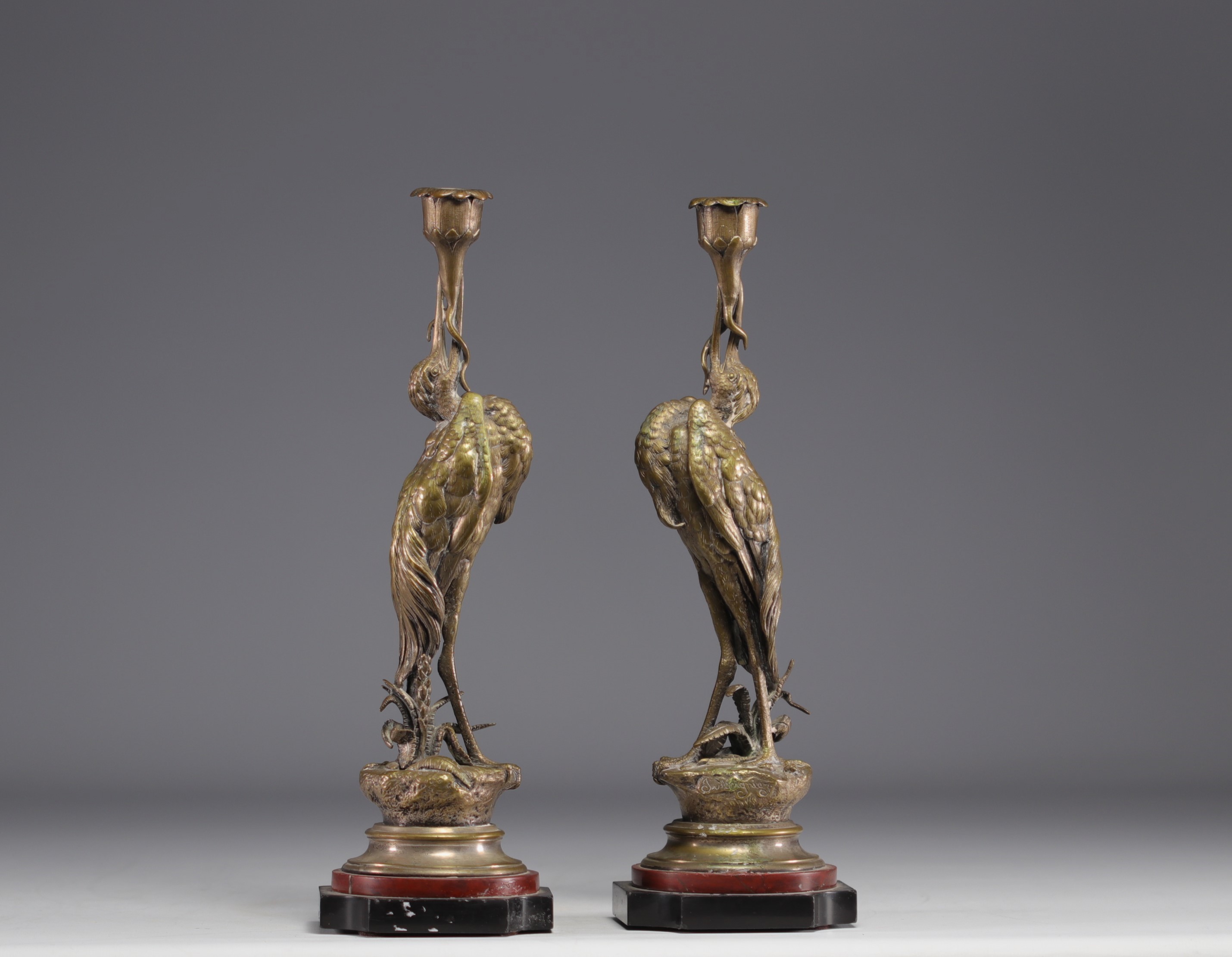 Jules MOIGNIEZ (1835-1894) "Les echassiers" Pair of bronze candlesticks. - Image 3 of 5
