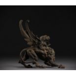 "Griffon" - Bronze sculpture with brown patina, 19th century.