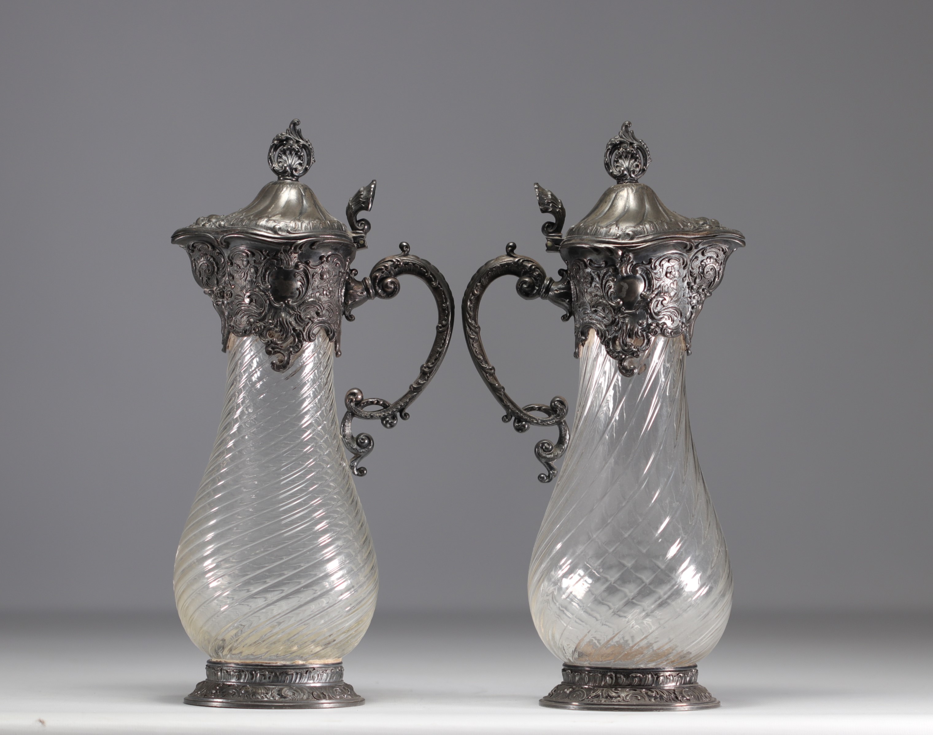 WMF, set of two twisted glass decanters, silver-plated metal frame. - Image 3 of 3