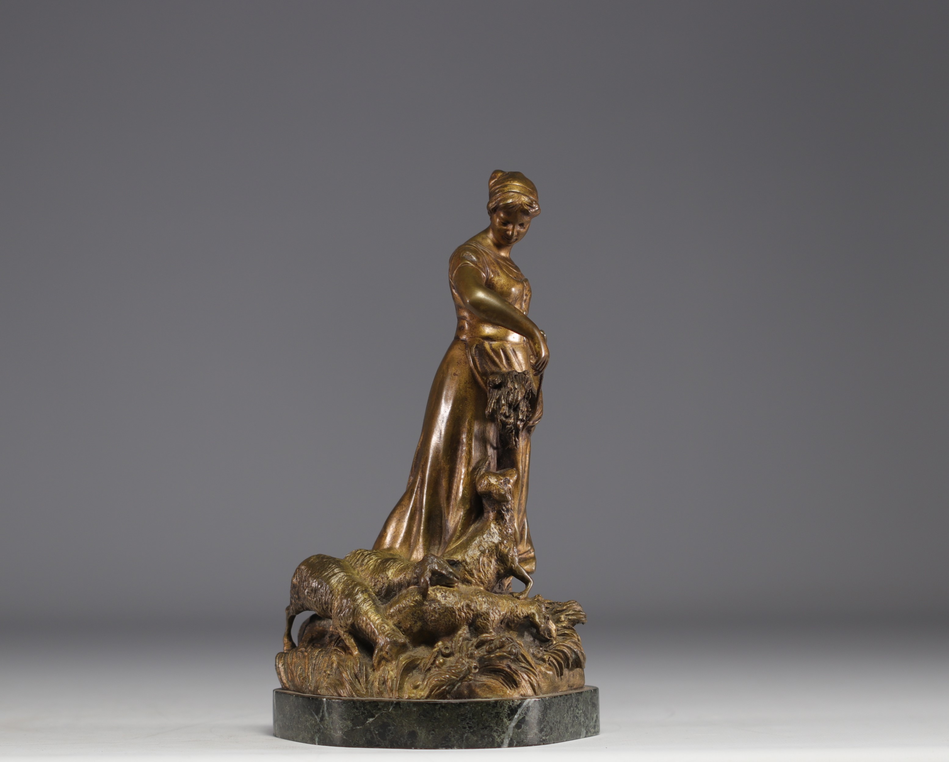 T. CARTIER (1879-1936) "The shepherdess and her sheep" bronze with golden patina. - Image 4 of 5