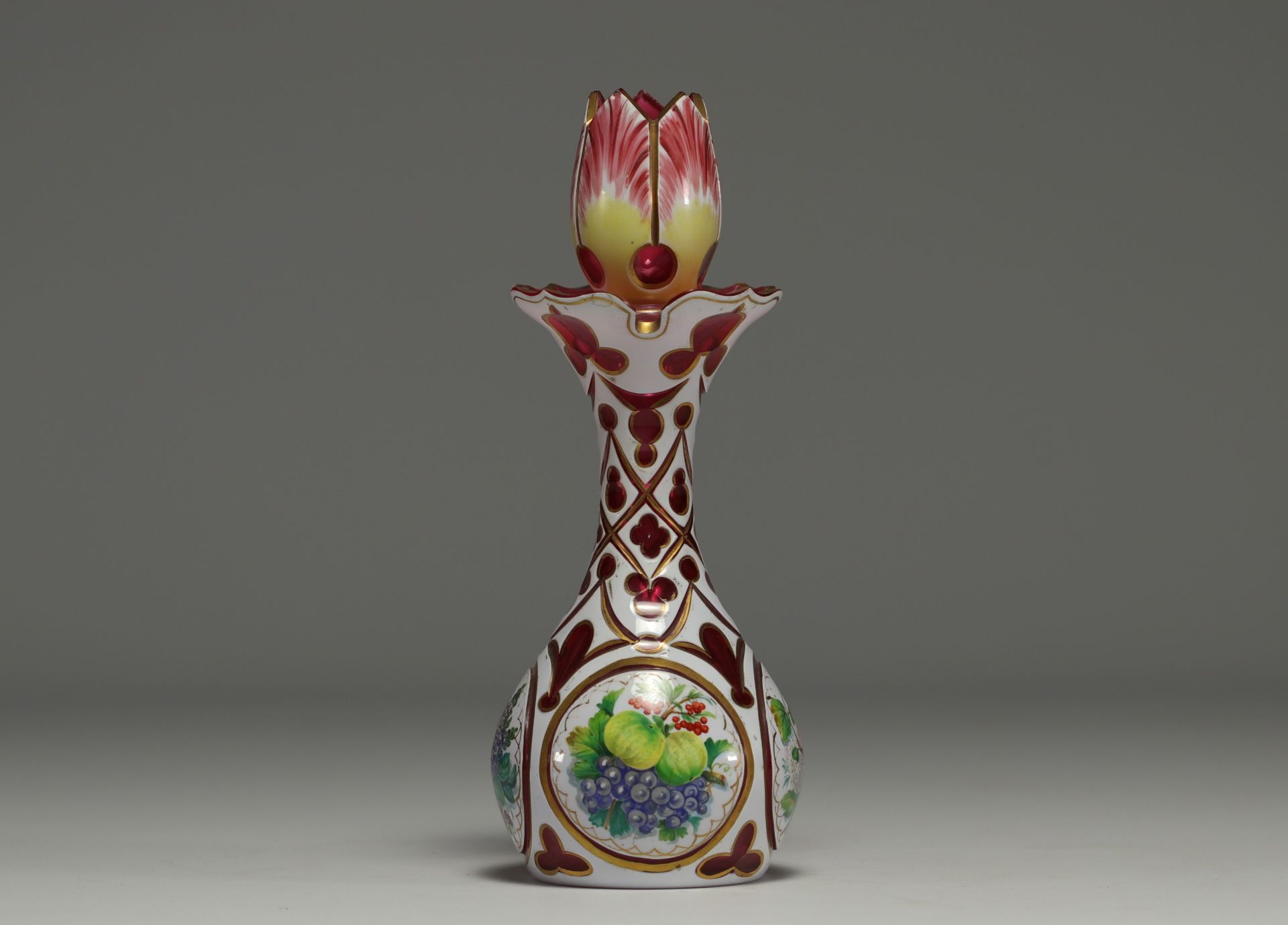 Overlay crystal decanter and stopper decorated with flowers, Napoleon III period